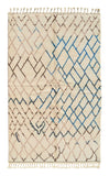 Geometric Azilal rug 'Atlantico' featuring sketched blue and brown diamond lattice pattern on hand-knotted cream wool.