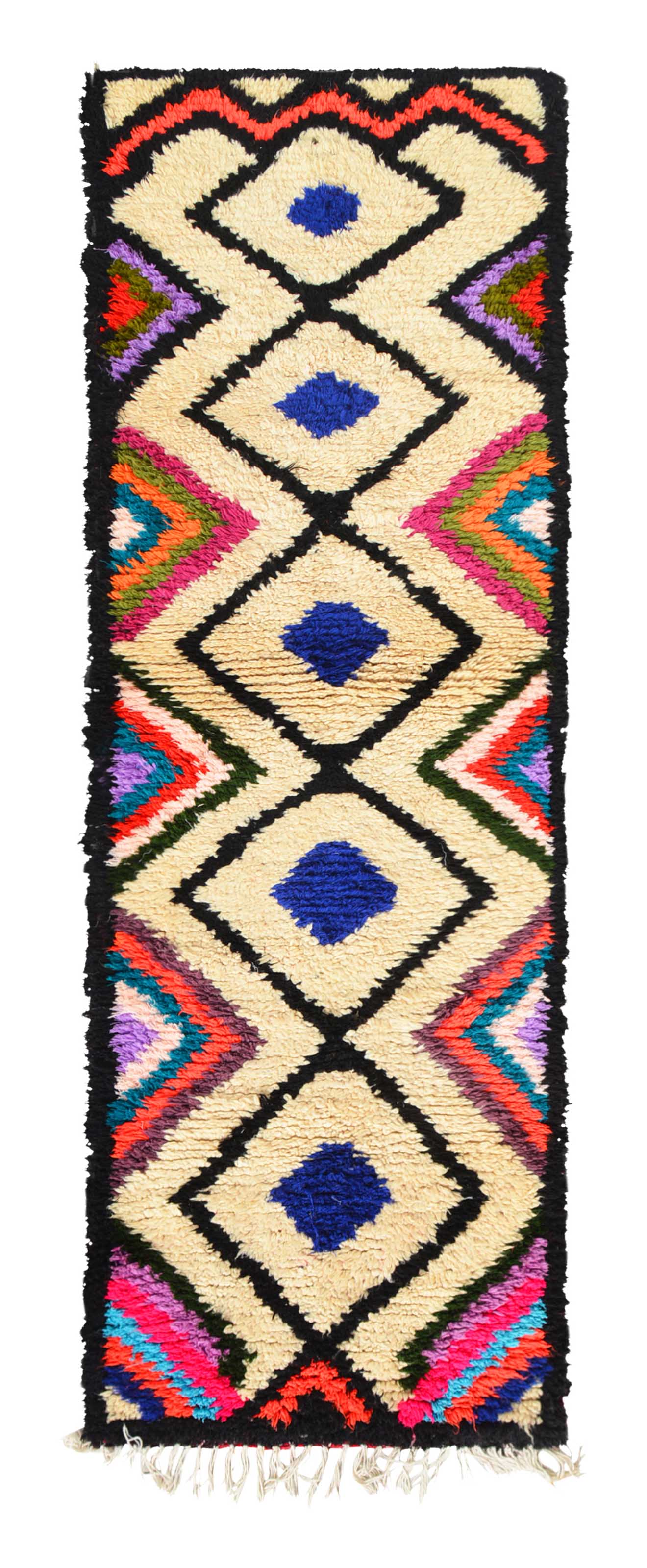 Overhead view of a deeply plush, highly vibrant handmade 1970s vintage Azilal Moroccan wool and cotton runner rug named Friday (2'6" x 8') featuring a cream base covered in a black geometric diamond lattice with solid blue centers, bordered by radiating, multi-colored concentric zig-zag lines in pink, red, teal, green, and purple, with a 3/4-inch pile.