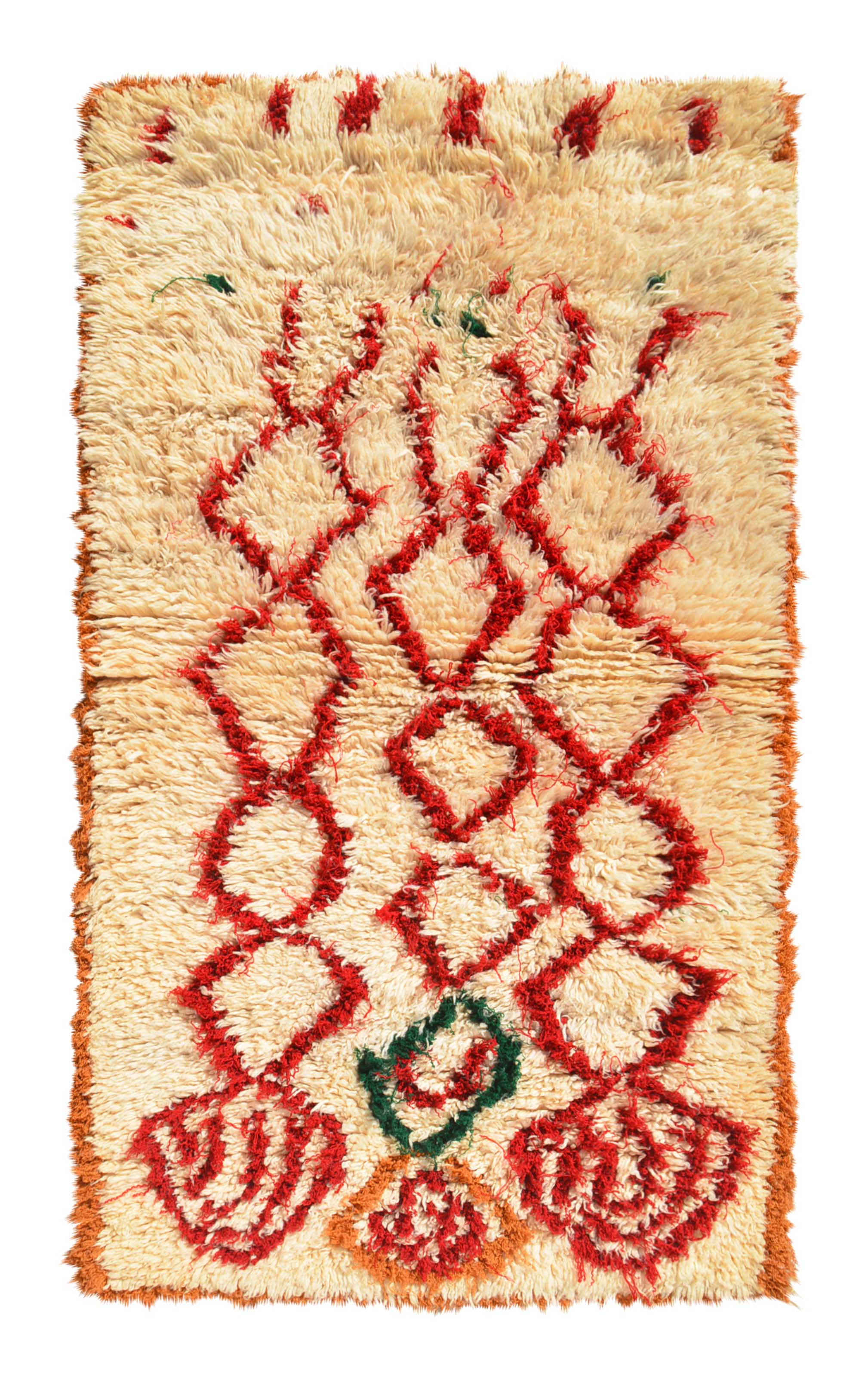 Overhead view of a deeply plush, funky handmade 1970s vintage Azilal Moroccan wool and cotton area rug named Life in Motion (3'8" x 6') featuring a cream base covered in a wild, squiggly red geometric diamond pattern that morphs into abstract circular shapes at the bottom, accented with touches of green and orange, with a 3/4-inch pile.