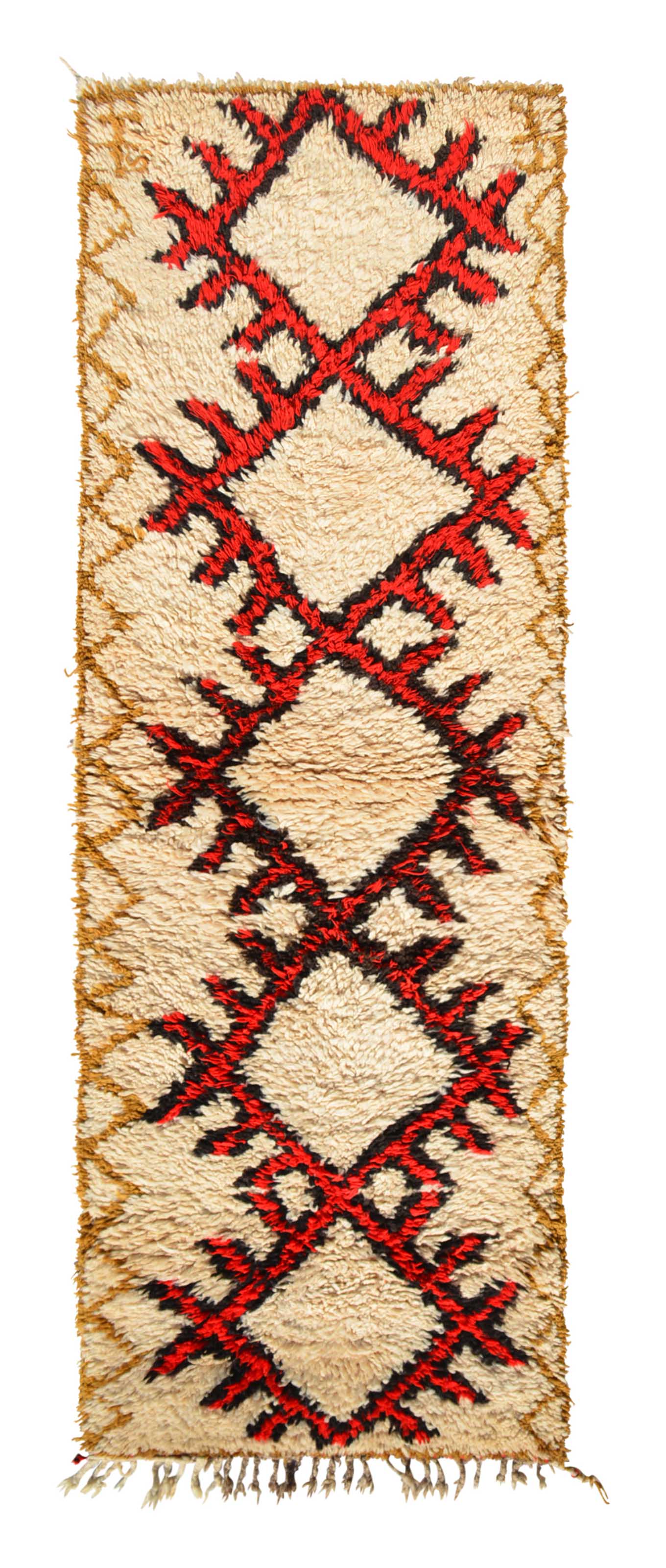 Overhead view of a deeply plush, high-contrast handmade 1970s vintage Azilal Moroccan wool and cotton runner rug named Gone Mad (2'6" x 7'1") featuring a soft cream base covered in a large, jagged, spiky geometric diamond lattice woven in bright red and black, with a 3/4-inch pile.