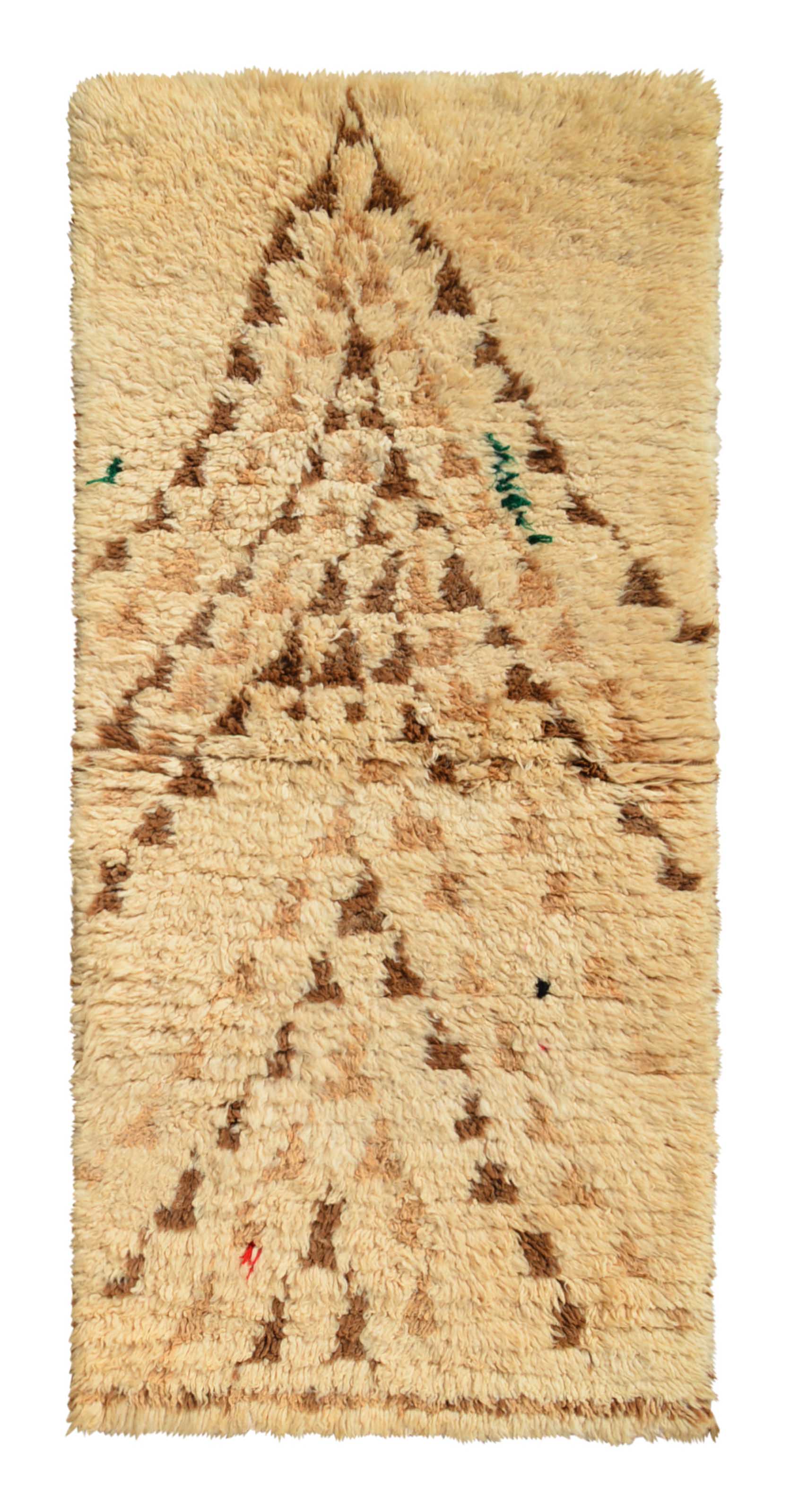 Overhead view of a beautifully soft handmade 1970s vintage Beni Ourain Moroccan wool accent rug named To The North (2'5" x 5') featuring a cream base covered in a large, nested chevron or arrow pattern pointing upwards, woven using a broken, dashed-line technique in earthy brown yarn, with a 3/4-inch pile.