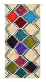 Overhead view of a deeply plush, highly vibrant handmade 1960s vintage Azilal Moroccan wool and cotton runner rug named Something to Know (2'11" x 6'7") featuring a cream base with a dotted lattice pattern filled with solid diamond color blocks in pink, red, blue, green, purple, and black, with a 3/4-inch pile.