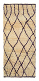 Overhead view of a deeply plush, minimalist handmade 1960s vintage Beni Ourain Moroccan wool and cotton runner rug named Bliss (3'8" x 9') featuring a light cream base with a large, wandering geometric diamond lattice woven in rich, deep purple yarn, with a 3/4-inch pile.