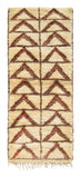 Overhead view of a deeply plush, highly structured handmade 1960s vintage Azilal Moroccan wool and cotton runner rug named Up High (2'9" x 7') featuring a cream base with a central brown line dividing columns of stacked, upward-pointing brown triangles with subtle neon orange inner accents, with a 3/4-inch pile.