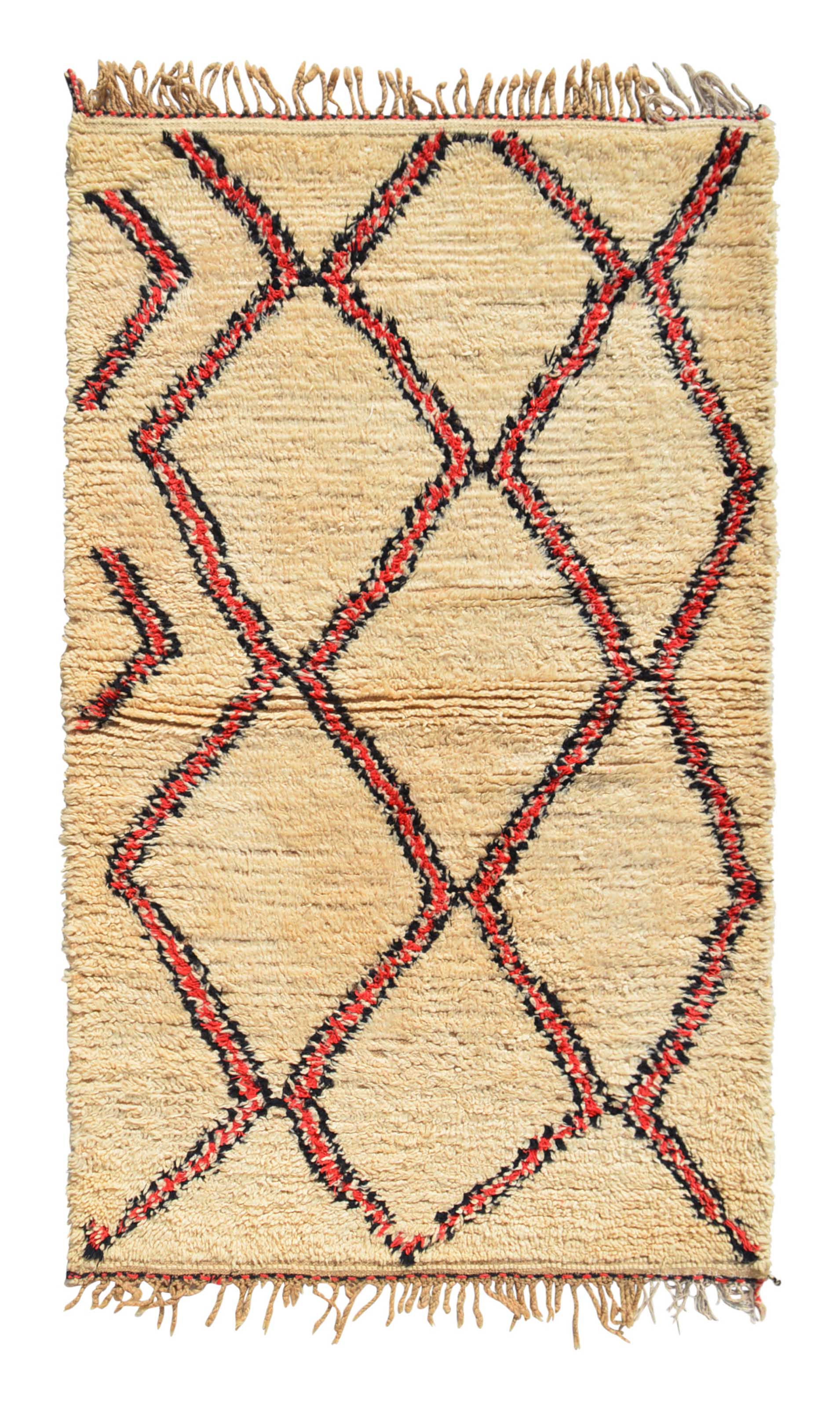 Overhead view of a deeply plush, high-contrast handmade 1980s vintage Beni Ourain Moroccan wool and cotton area rug named Break Out (3'9" x 6') featuring a cream base covered in a large geometric diamond lattice woven with twisted red and black yarn, with broken chevron shapes on the left edge, and a 3/4-inch pile.
