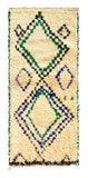 Overhead view of a deeply plush, refreshing handmade 1960s vintage Azilal Moroccan wool and cotton accent rug named Waters (2'4" x 5'4") featuring a thick cream base with two large, stepped geometric diamonds woven in cool ocean blue, sea green, and black, with green side fringes and a 3/4-inch pile.