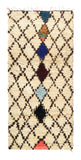 Overhead view of a deeply plush, beautifully balanced handmade 1970s vintage Beni Ourain Moroccan wool and cotton rug named Straight and Narrow (3'8" x 8'2") featuring a thick cream base covered in a dark brown geometric diamond lattice, with the central column of diamonds solidly filled with teal, orange, blue, burgundy, light blue, black, and pink yarn, with a 3/4-inch pile.