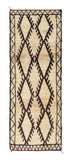 Overhead view of a deeply plush, highly structured handmade 1960s vintage Beni Ourain Moroccan wool and cotton runner rug named Riptide (3'5" x 9'7") featuring a cream base framed by a dark border, with three large, connected central diamonds displaying toothed, comb-like jagged edges woven in rare, deep ox blood red yarn, with a 3/4-inch pile.