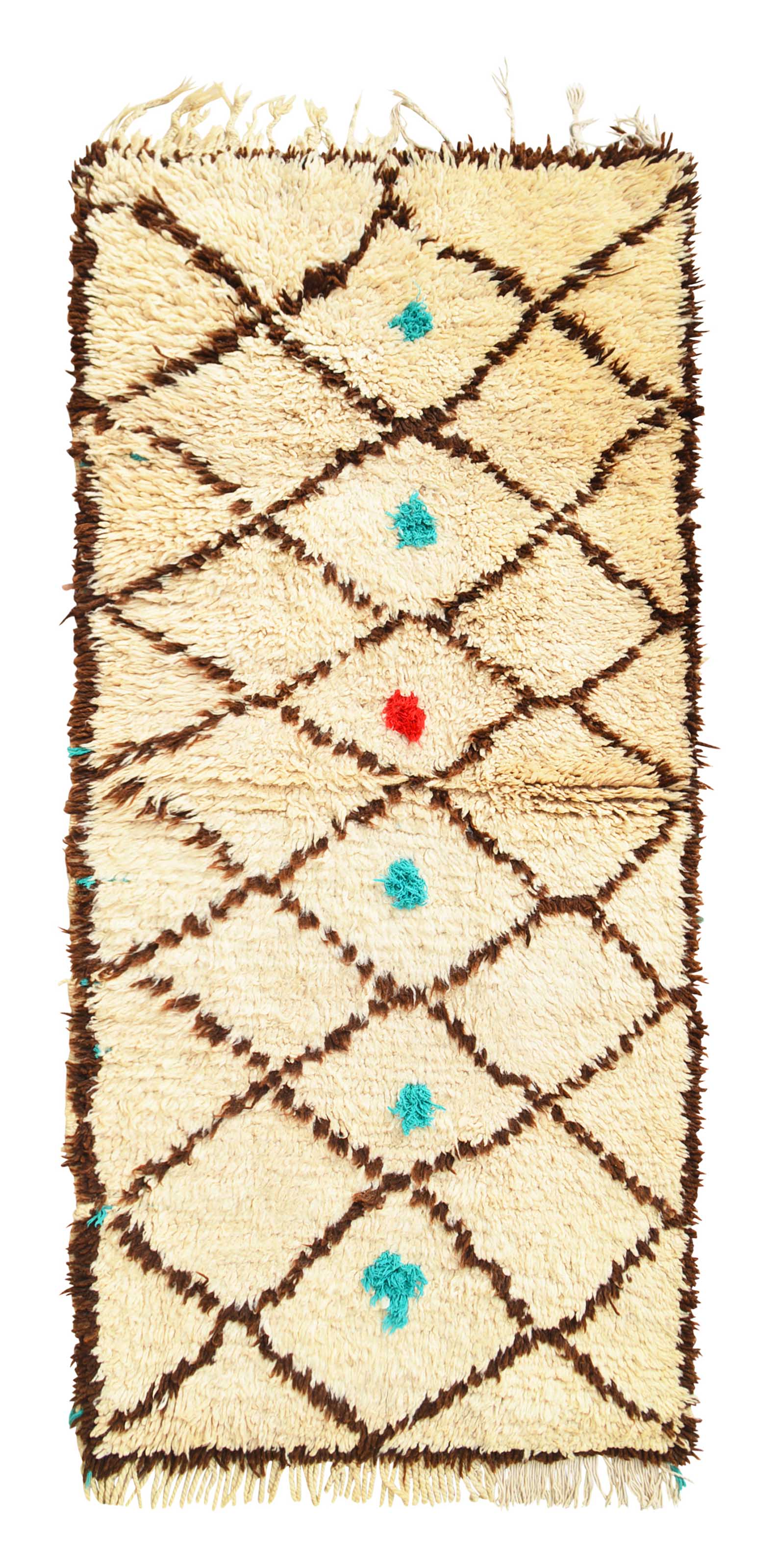 Overhead view of a deeply plush, playful handmade 1960s vintage Beni Ourain Moroccan wool and cotton accent rug named Rain Drops (2'6" x 5'10") featuring a thick cream base covered in a brown geometric diamond lattice, punctuated down the center by fluffy tufts of turquoise yarn and one bright red tuft, with a 1-inch pile.