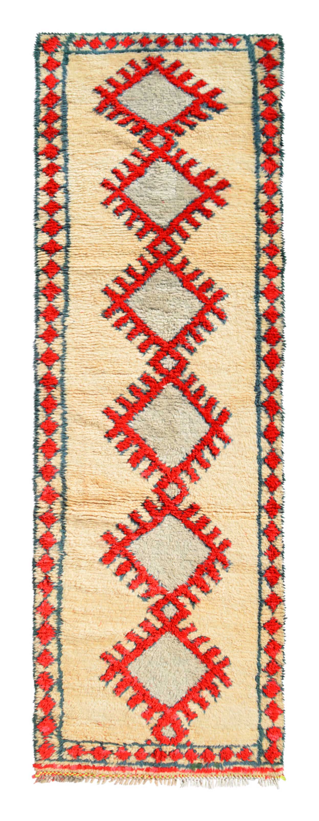 Overhead view of a beautiful, plush handmade 1960s vintage Azilal Moroccan wool and cotton runner rug named Press On (3'1" x 10'2") featuring a cream base with a vertical chain of large, serrated red geometric diamonds and a subtle teal blue border, with a 3/4-inch pile.