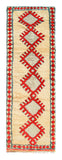 Overhead view of a beautiful, plush handmade 1960s vintage Azilal Moroccan wool and cotton runner rug named Press On (3'1" x 10'2") featuring a cream base with a vertical chain of large, serrated red geometric diamonds and a subtle teal blue border, with a 3/4-inch pile.