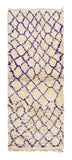 Overhead view of a deeply plush, classic handmade 1960s vintage Beni Ourain Moroccan wool and cotton runner rug named Your Crush (2'7" x 7'4") featuring a thick cream base covered in a structured, repeating geometric diamond lattice woven in vibrant purple yarn, with a 3/4-inch pile.