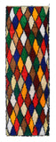 Overhead view of an extra-long, highly vibrant handmade 1980s vintage Boucherouite Moroccan cotton runner rug named All Beautiful Colors (3'2" x 9'6") featuring an edge-to-edge harlequin diamond mosaic woven in solid blocks of red, blue, green, yellow, brown, and white, with a 3/4-inch pile.