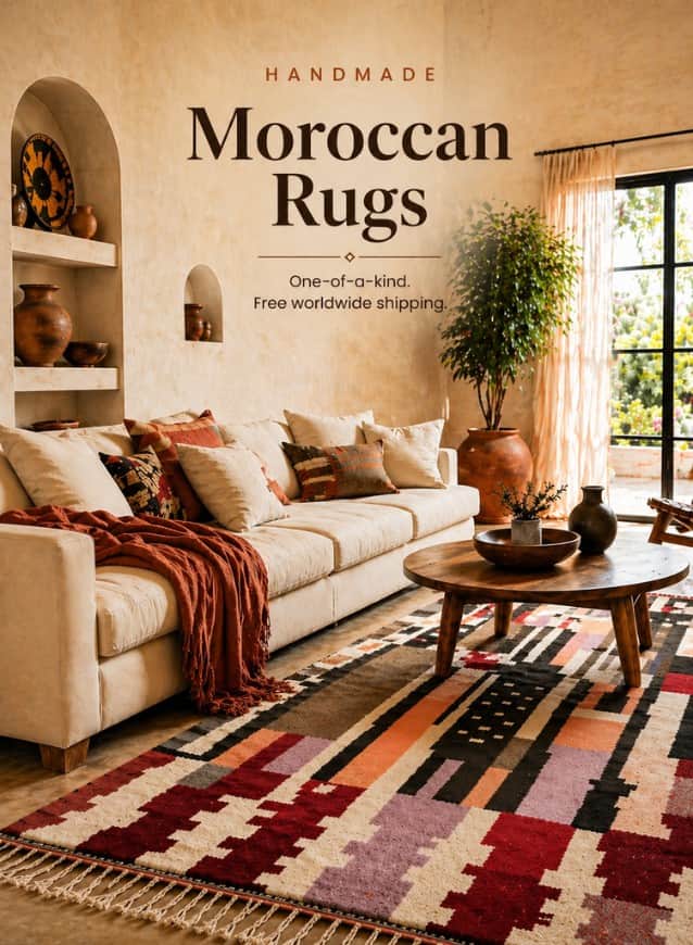 A beautifully styled living room featuring a large, colorful handmade Moroccan rug with geometric patterns, a beige sofa, and wooden coffee table. Text overlay: "Handmade Moroccan Rugs - One-of-a-kind. Free worldwide shipping."