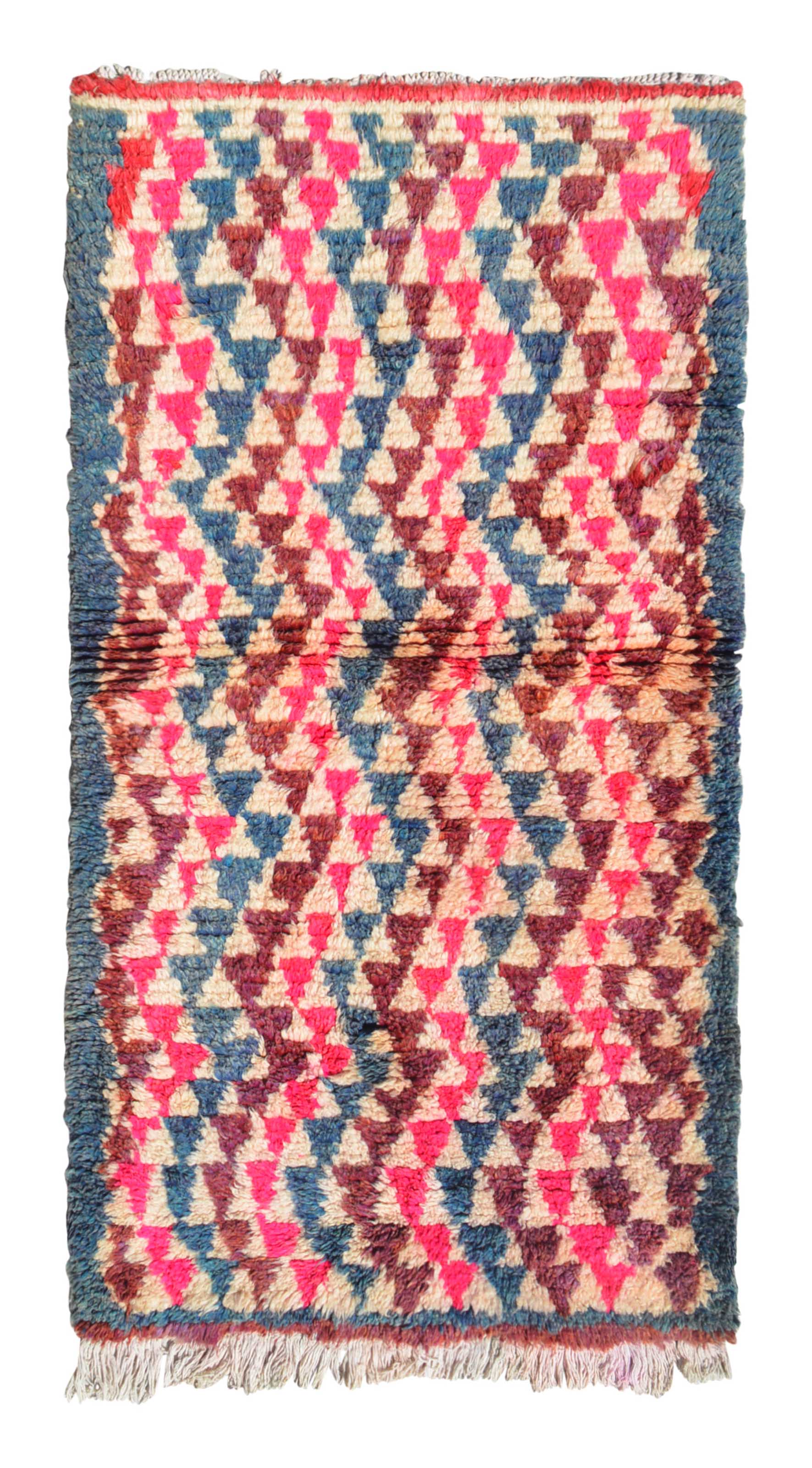 Overhead view of a wonderfully thick, vibrant handmade 1970s vintage Boujaad Moroccan wool accent rug named Julia (3'2" x 5'9") featuring a dense pattern of repeating geometric triangles in bright pink, deep maroon, and slate blue over a cream base, with a 1-inch pile.