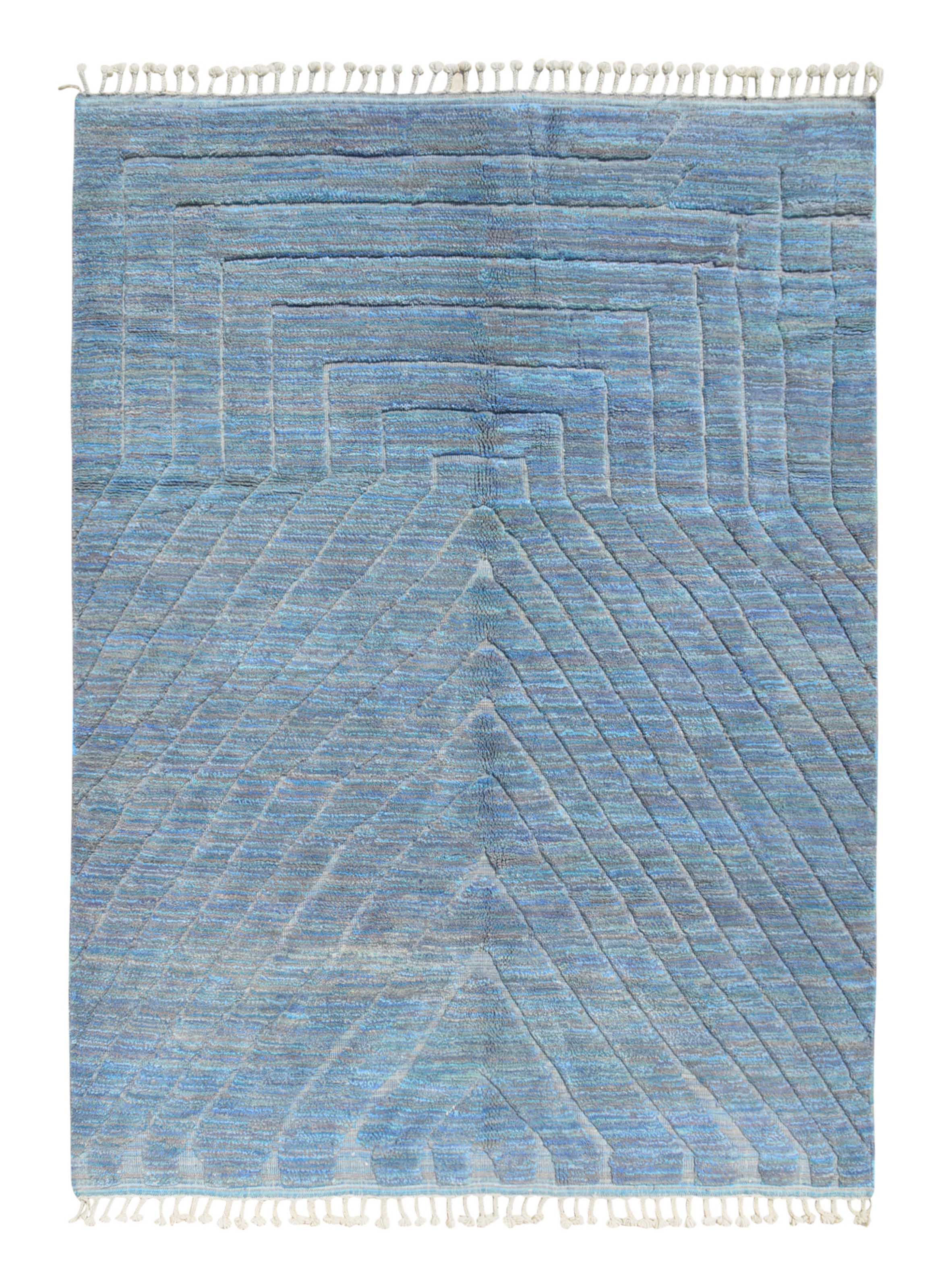 Ocean Waves – Moroccan Handmade Wool Rug | 7' x 9' Geometric Blue Design