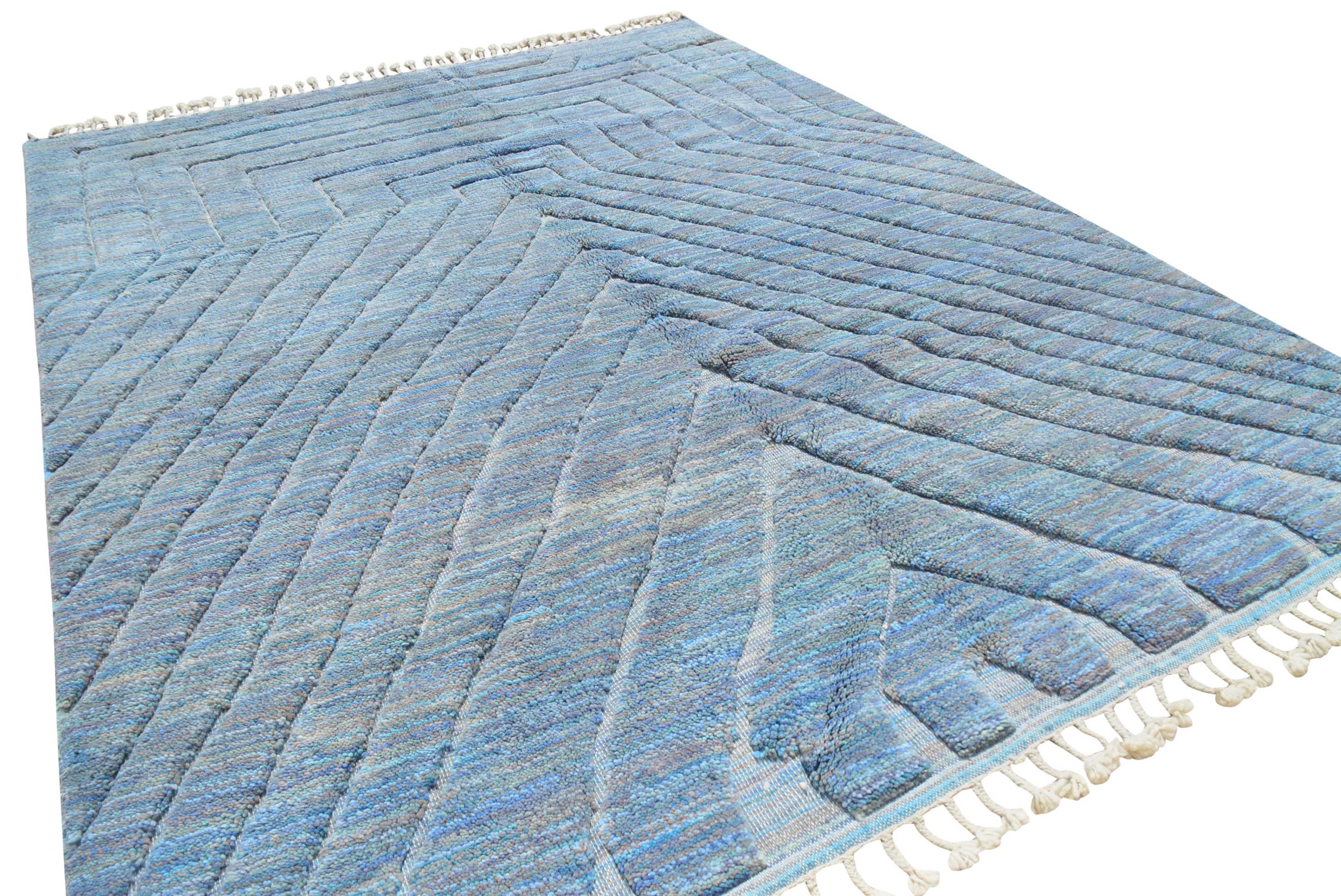 Ocean Waves – Moroccan Handmade Wool Rug | 7' x 9' Geometric Blue Design