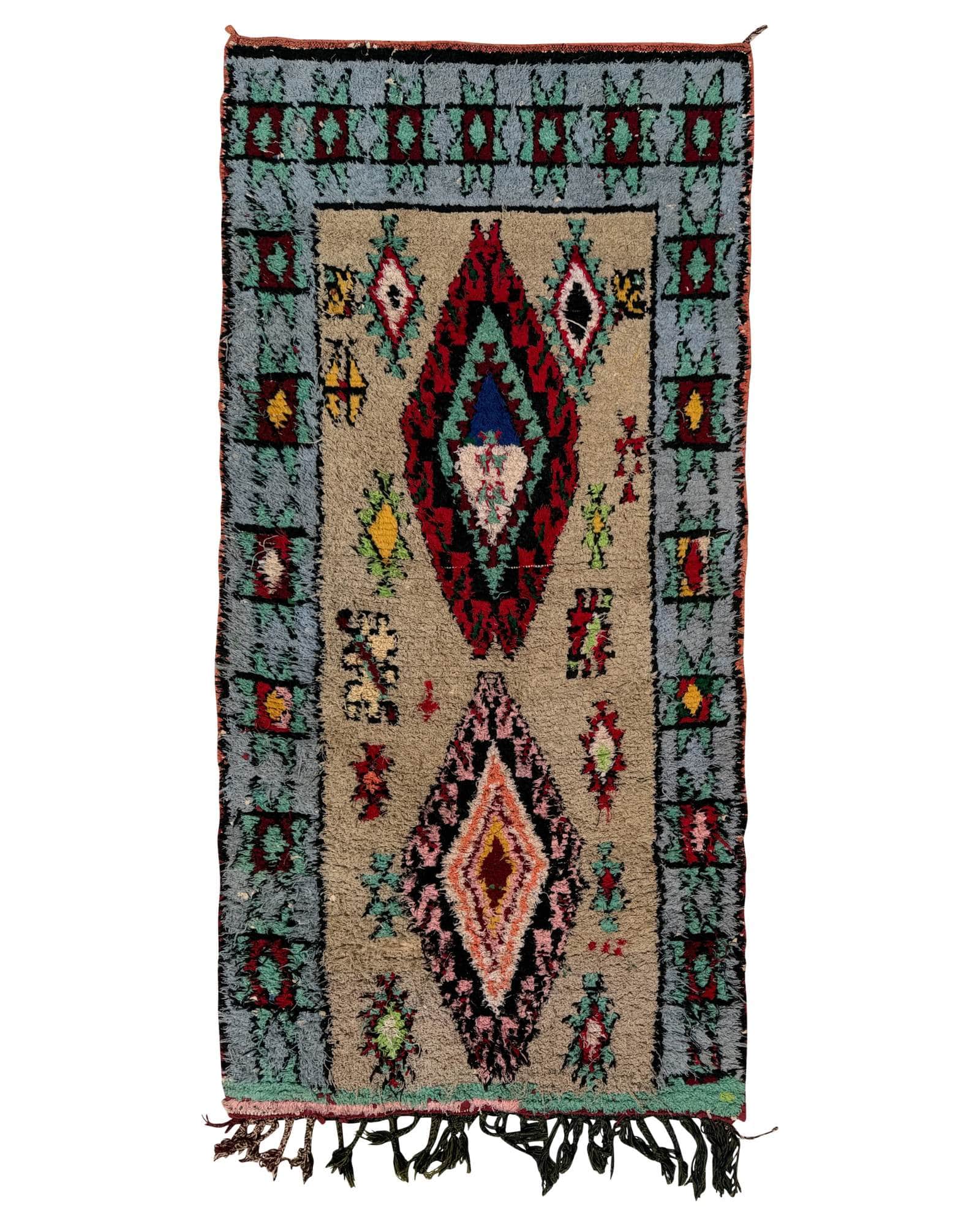 Tan & Blue Vintage Moroccan Rug | 3'4 x 7