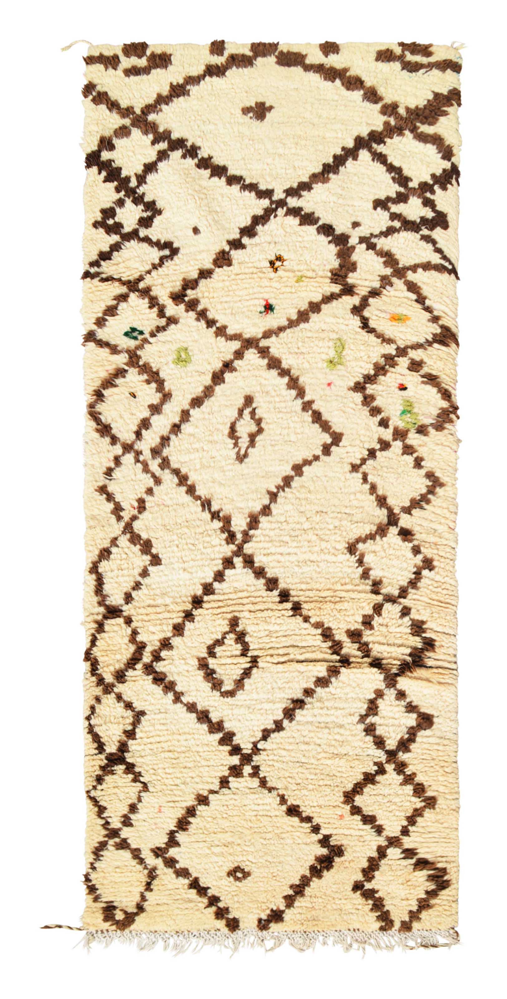 Overhead view of a deeply plush, quirky handmade 1970s vintage Beni Ourain Moroccan wool runner rug named Down Easy (3'2" x 8') featuring a thick cream base covered in an irregular, wobbly earthy brown geometric diamond lattice containing abstract symbols and tiny hidden flecks of colorful yarn, with a 1-inch pile.