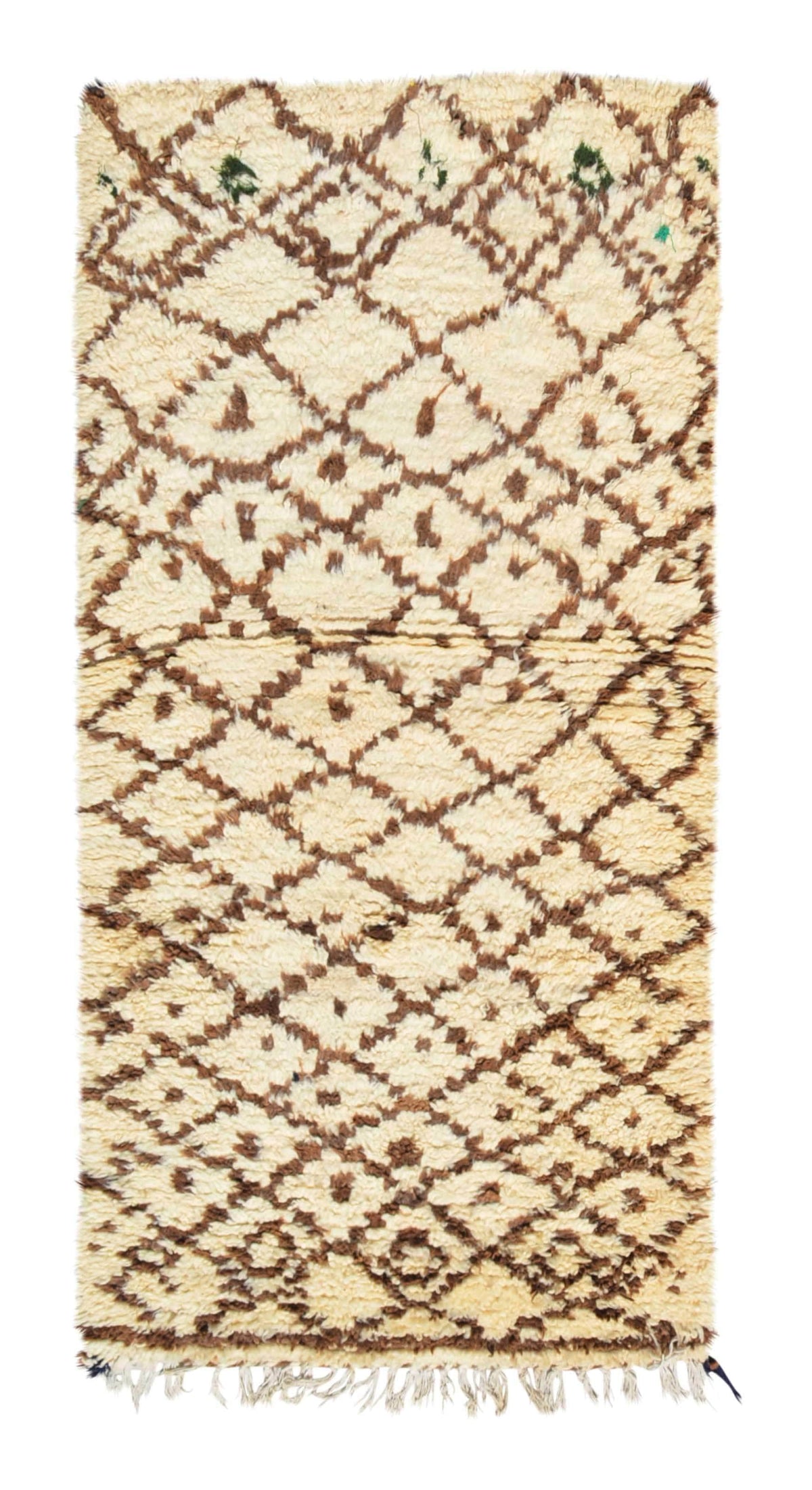 Overhead view of a very soft, deeply plush handmade 1970s vintage Beni Ourain Moroccan wool accent rug named Brown Sugar (2'9" x 5'5") featuring a cream base covered in a wavy, earthy brown geometric diamond lattice with tiny green accents near the top, and a 3/4-inch pile.