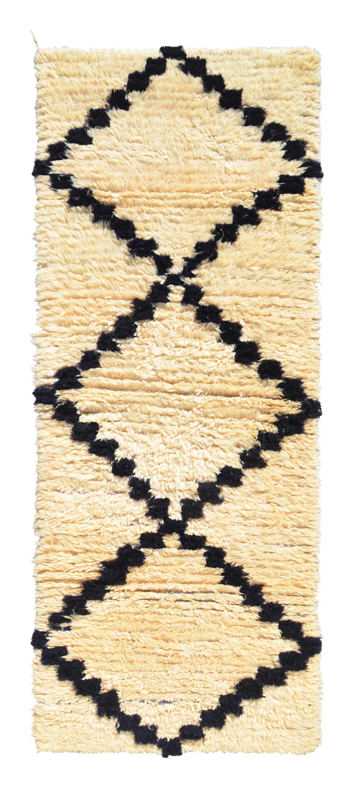 Overhead view of a deeply plush, beautifully simple handmade 1970s vintage Beni Ourain Moroccan wool and cotton runner rug named Deep Navy (3'3" x 8'6") featuring a thick cream base covered by a continuous chain of large geometric diamonds woven with stepped, pixelated lines in a deep midnight navy blue yarn, with a 1-inch pile.