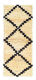 Overhead view of a deeply plush, beautifully simple handmade 1970s vintage Beni Ourain Moroccan wool and cotton runner rug named Deep Navy (3'3" x 8'6") featuring a thick cream base covered by a continuous chain of large geometric diamonds woven with stepped, pixelated lines in a deep midnight navy blue yarn, with a 1-inch pile.