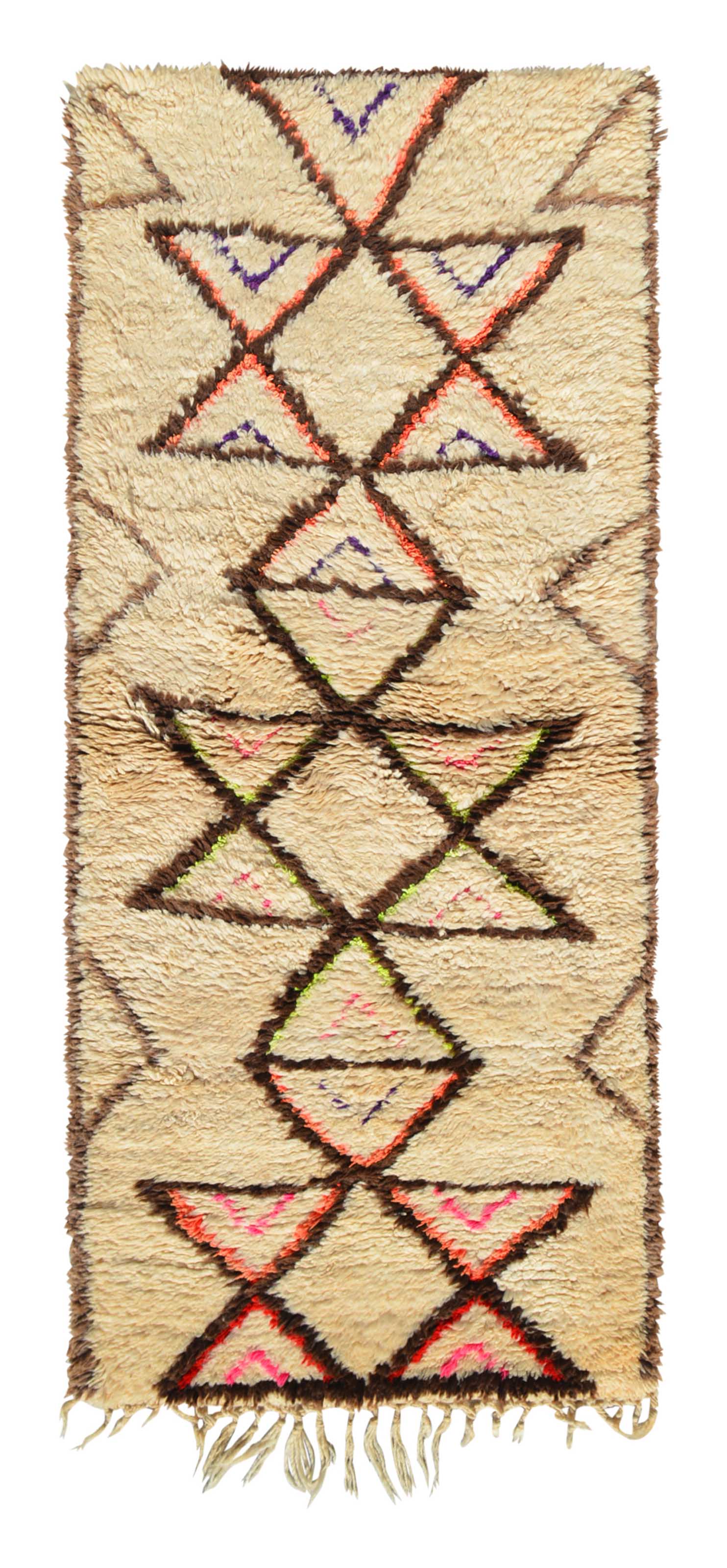 Overhead view of a beautifully plush, unique handmade 1970s vintage Azilal Moroccan wool and cotton runner rug named The Queen (2'10" x 6'8") featuring a cream base with large brown geometric triangles and diamonds, accented by elegantly thin inner lines of neon pink, purple, orange, and green, with a 3/4-inch pile.