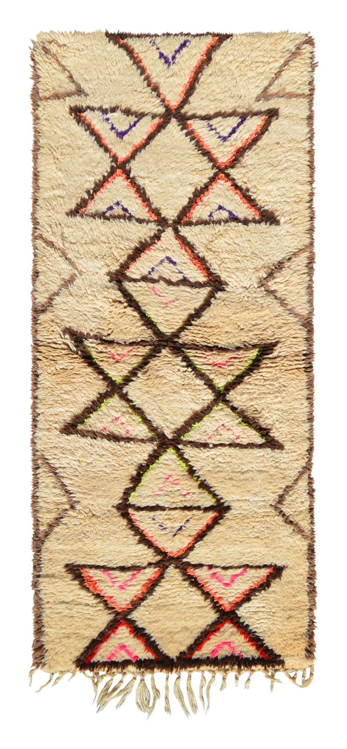 Overhead view of a beautifully plush, unique handmade 1970s vintage Azilal Moroccan wool and cotton runner rug named The Queen (2'10" x 6'8") featuring a cream base with large brown geometric triangles and diamonds, accented by elegantly thin inner lines of neon pink, purple, orange, and green, with a 3/4-inch pile.
