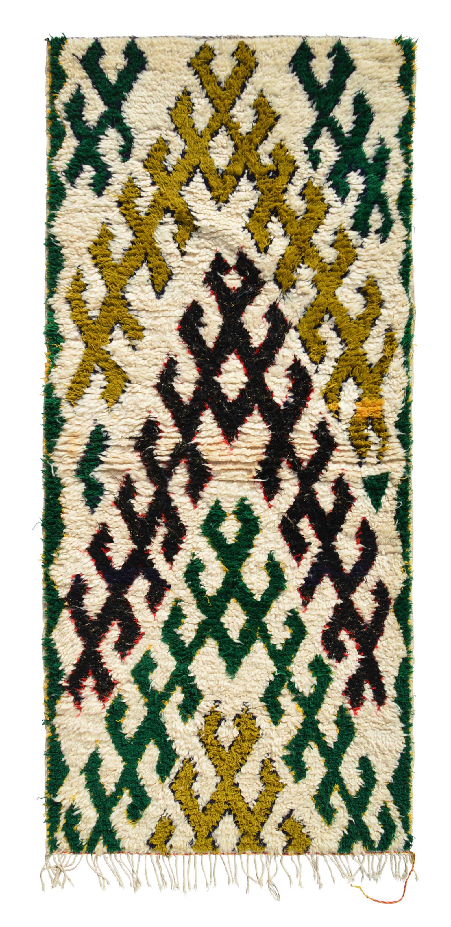 Overhead view of a beautiful, plush handmade 1960s vintage Azilal Moroccan wool and cotton accent rug named Olive Grove (2'7" x 5'10") featuring a cream base covered in an interlocking pattern of heavy, hooked geometric shapes in olive green, mustard, black, and forest green, with a 3/4-inch pile.