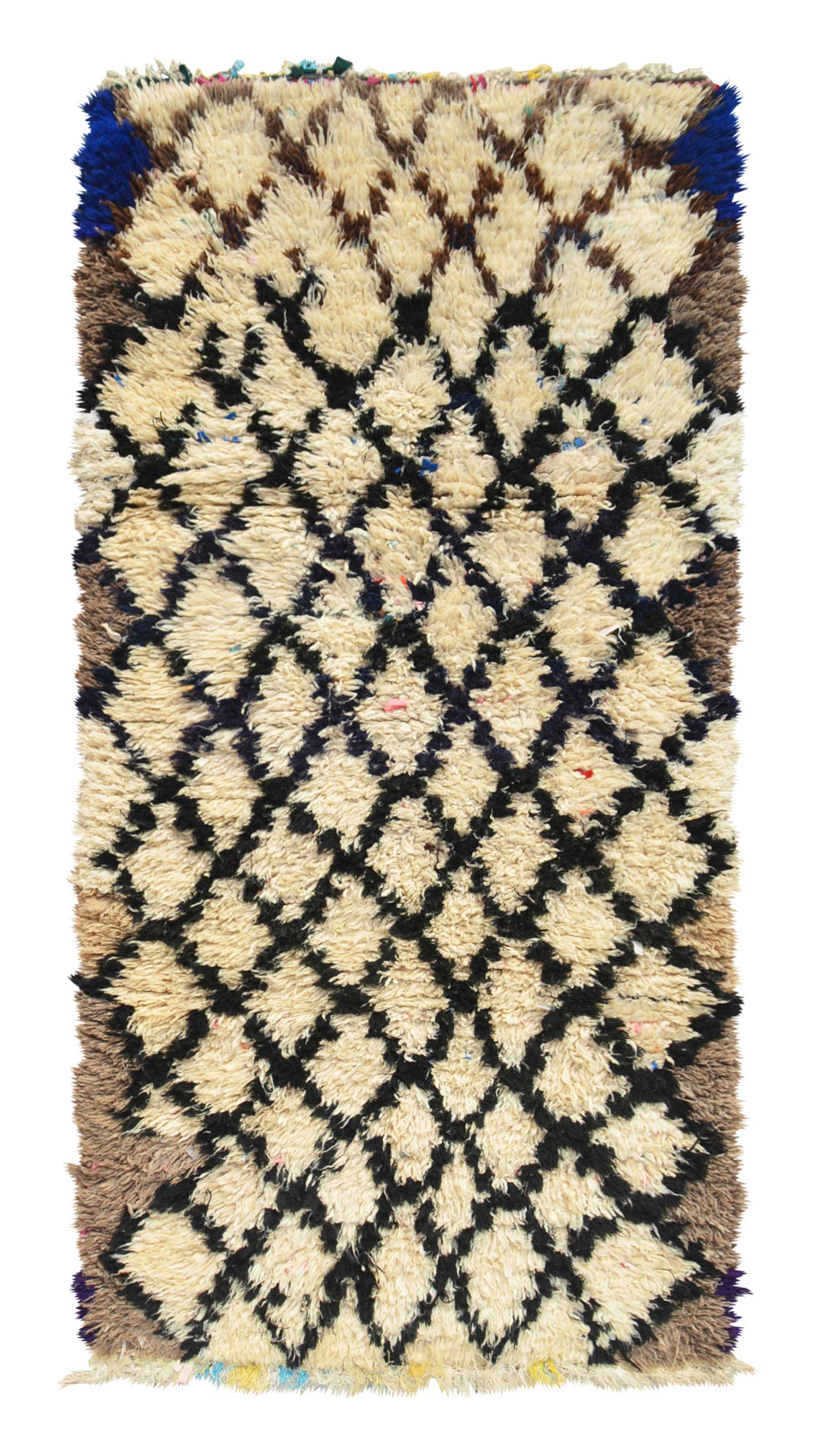 Overhead view of a deeply plush, high-contrast handmade 1960s vintage Moroccan wool and cotton runner rug named High Stakes (3'4" x 7') featuring a thick cream base covered in a heavy black wobbly geometric diamond lattice, framed by earthy brown side borders and vivid royal blue top corners, with a 3/4-inch pile.
