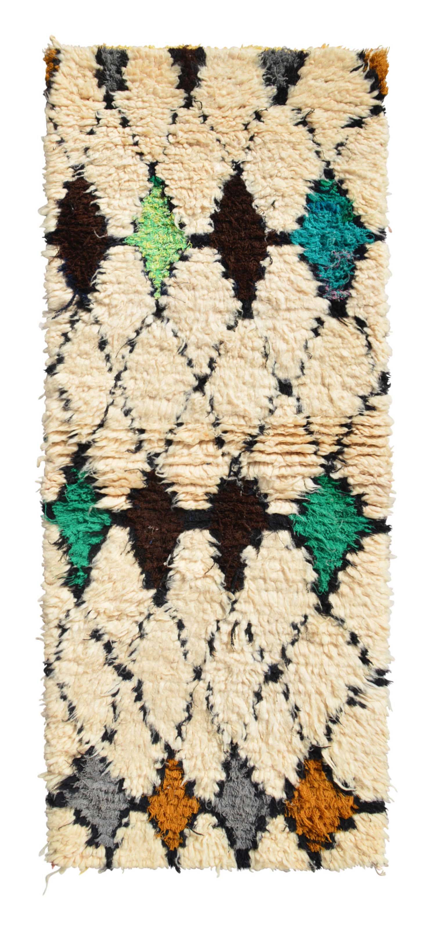 Overhead view of a deeply plush, perfectly balanced handmade 1970s vintage Azilal Moroccan wool and cotton runner rug named Hands Full (2'5" x 6') featuring a thick cream base covered in a dark brown geometric diamond lattice, with a handful of diamonds selectively filled with lime green, teal, emerald, grey, and mustard yellow yarn, with a 3/4-inch pile.