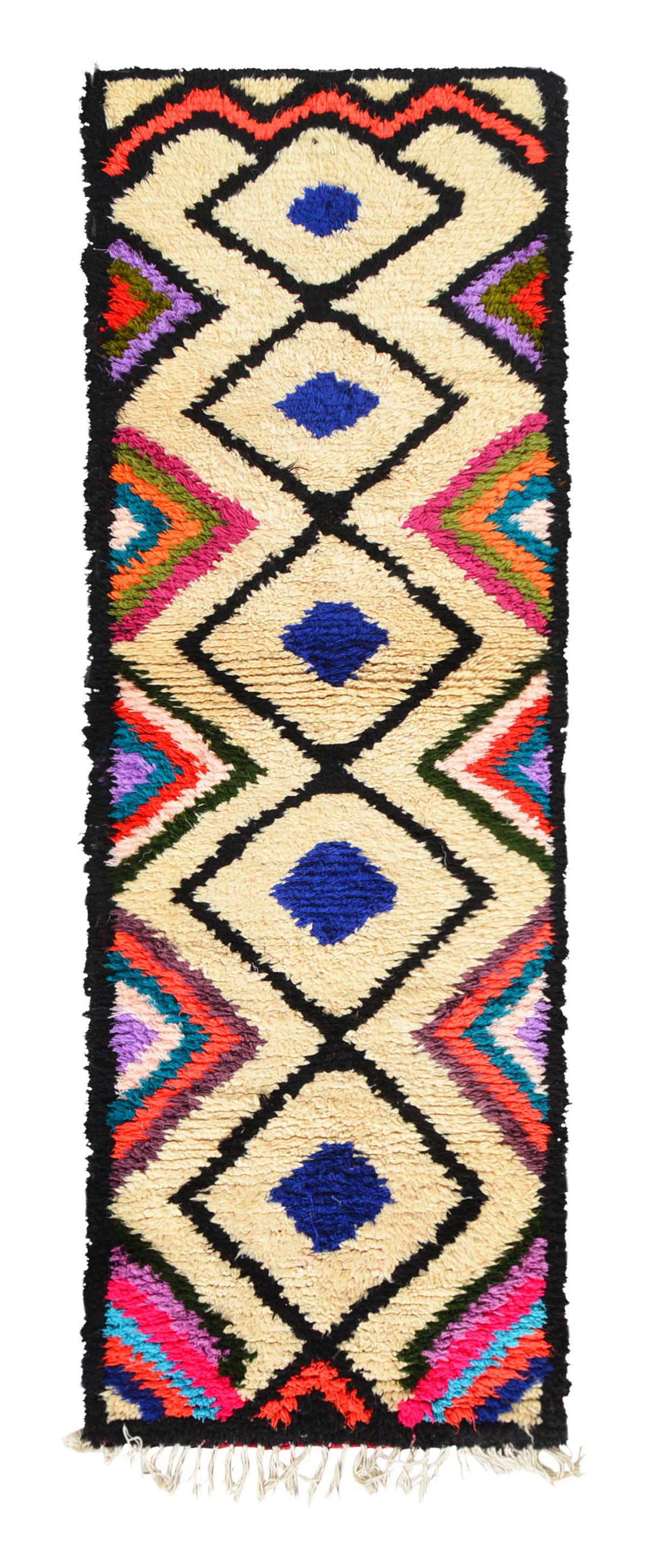 Overhead view of a deeply plush, highly vibrant handmade 1970s vintage Azilal Moroccan wool and cotton runner rug named Friday (2'6" x 8') featuring a cream base covered in a black geometric diamond lattice with solid blue centers, bordered by radiating, multi-colored concentric zig-zag lines in pink, red, teal, green, and purple, with a 3/4-inch pile.