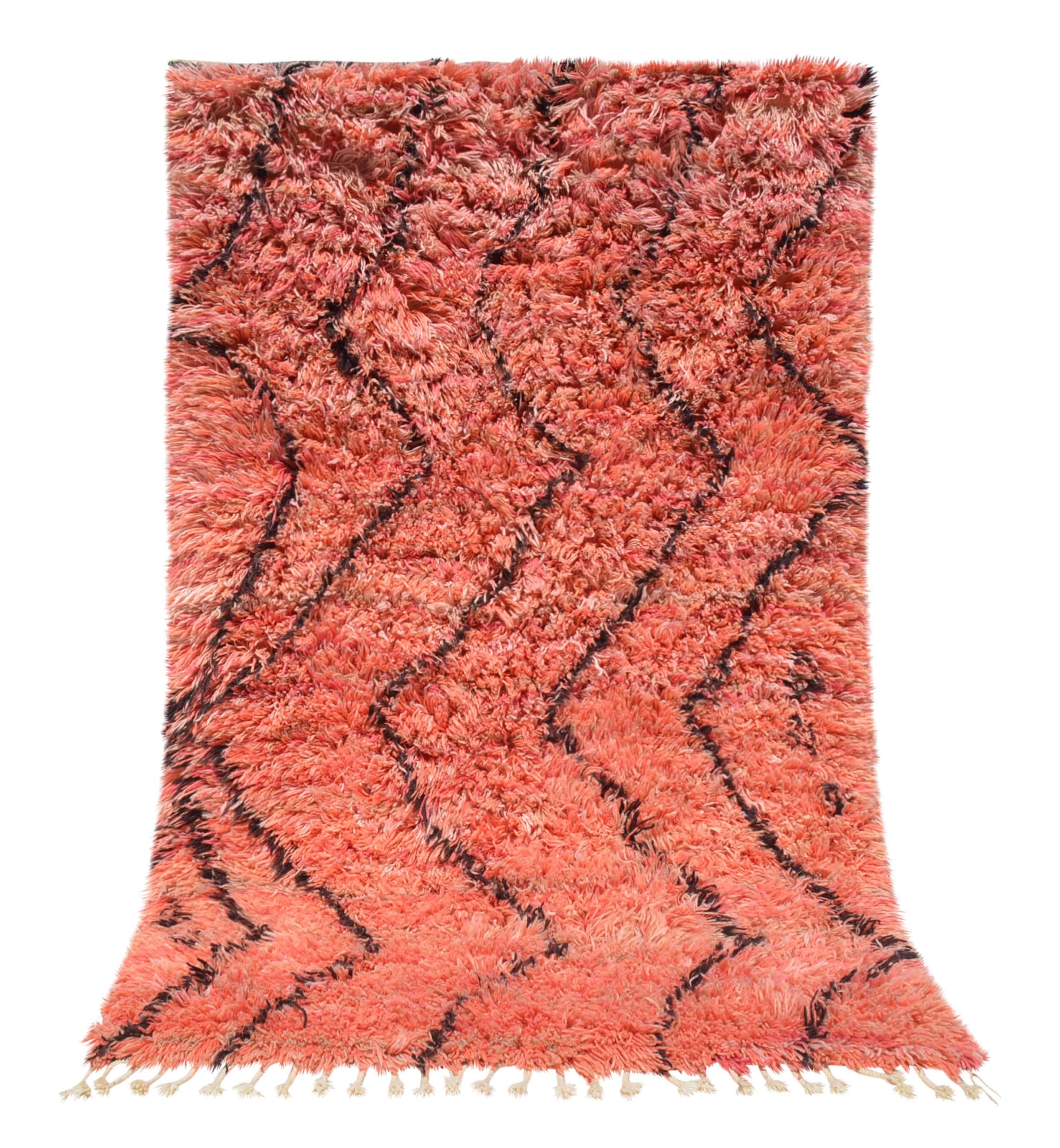 Pink black lines shaggy Rug