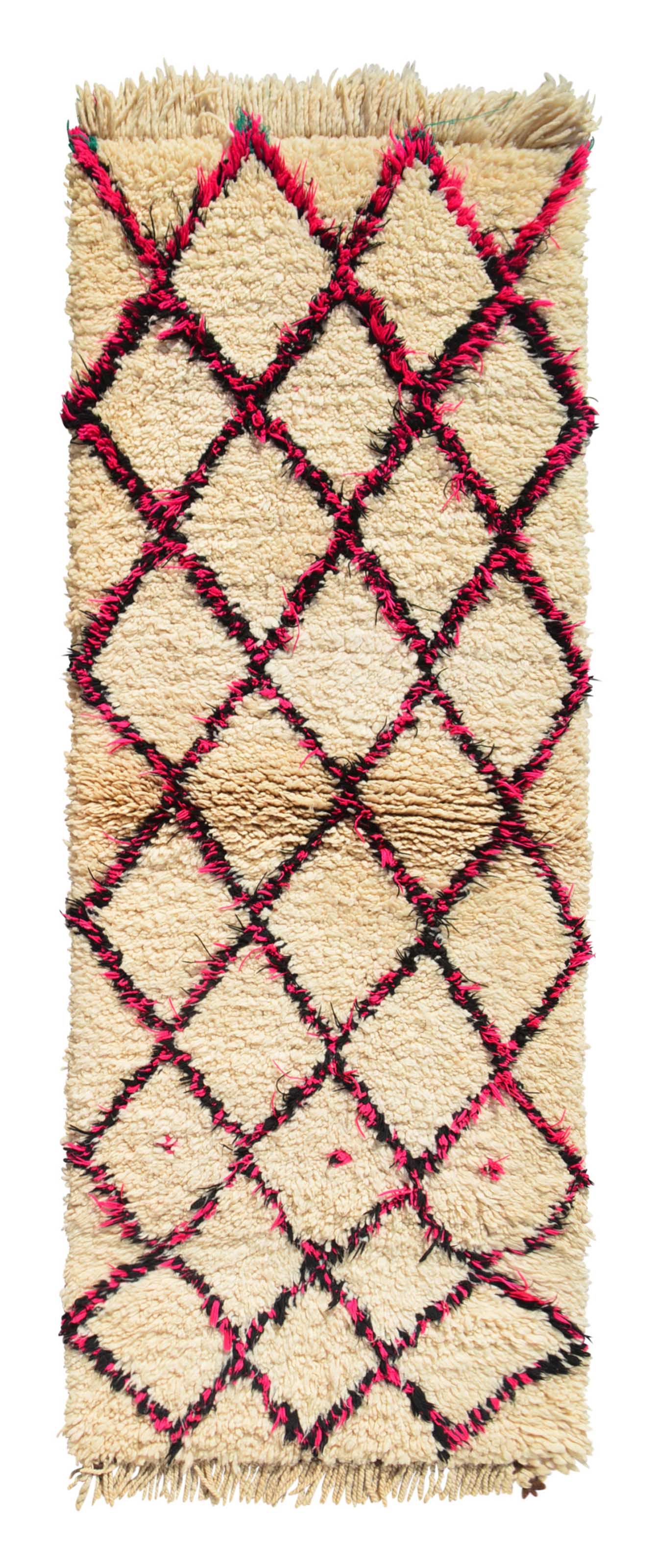 Overhead view of a very soft, deeply plush handmade 1970s vintage Beni Ourain Moroccan wool and cotton runner rug named Effortless (2'7" x 7') featuring a thick cream base covered with a classic black geometric diamond lattice intertwined with bright neon pink yarn, with a 1-inch pile.