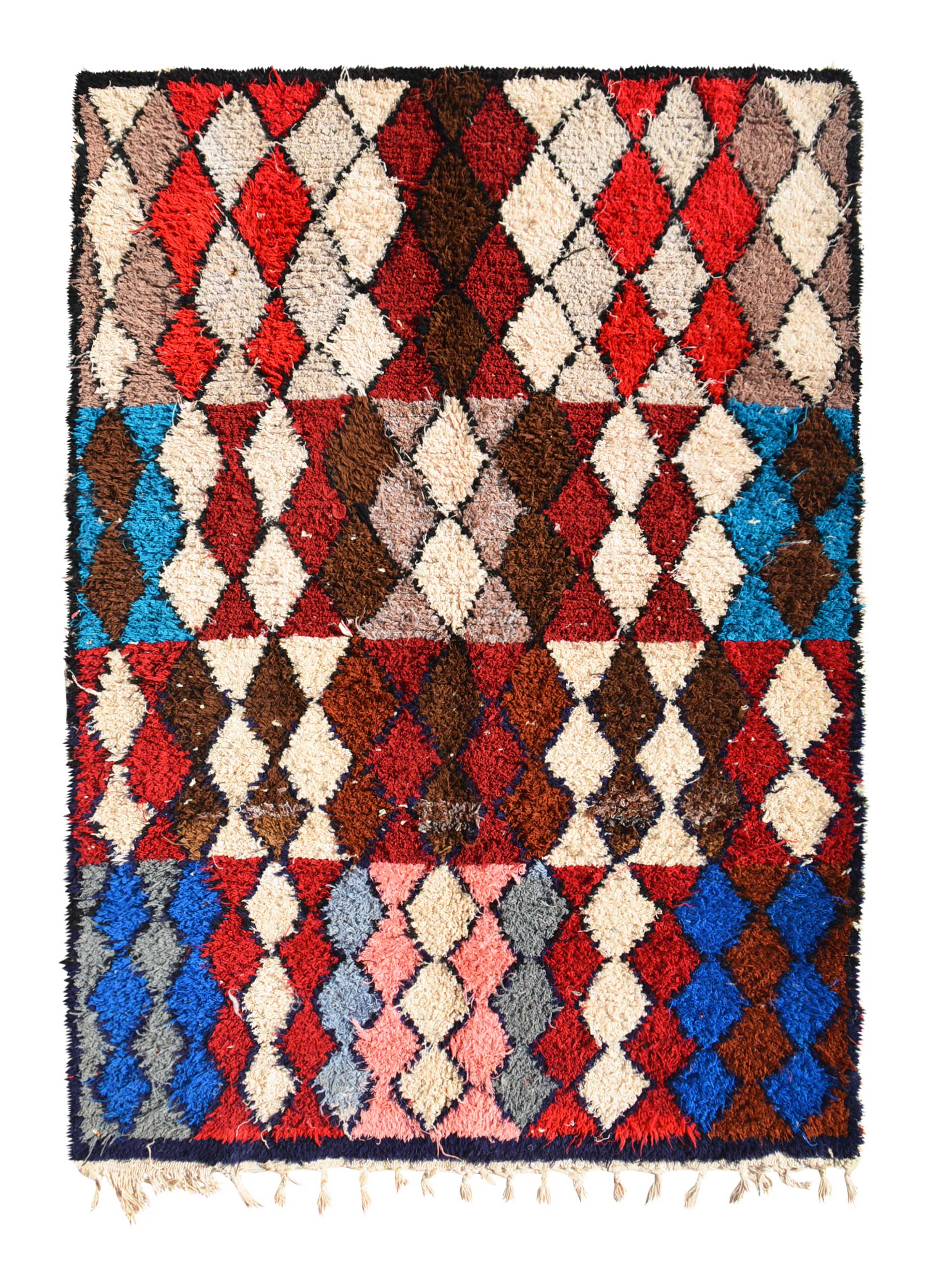 Overhead view of a vibrant, highly patterned handmade 1960s vintage Azilal Moroccan cotton area rug named Illusions (4'7" x 6'3") featuring an edge-to-edge geometric diamond lattice filled with red, blue, brown, pink, cream, and grey color blocks, with a 3/4-inch pile.
