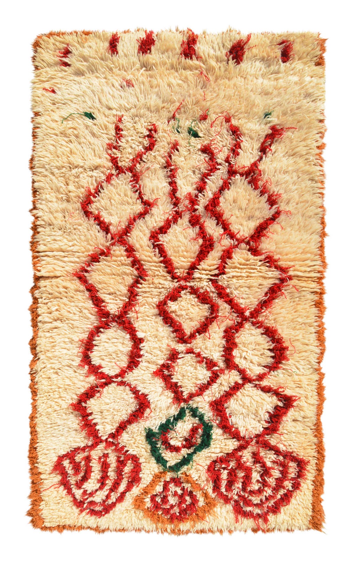 Overhead view of a deeply plush, funky handmade 1970s vintage Azilal Moroccan wool and cotton area rug named Life in Motion (3'8" x 6') featuring a cream base covered in a wild, squiggly red geometric diamond pattern that morphs into abstract circular shapes at the bottom, accented with touches of green and orange, with a 3/4-inch pile.