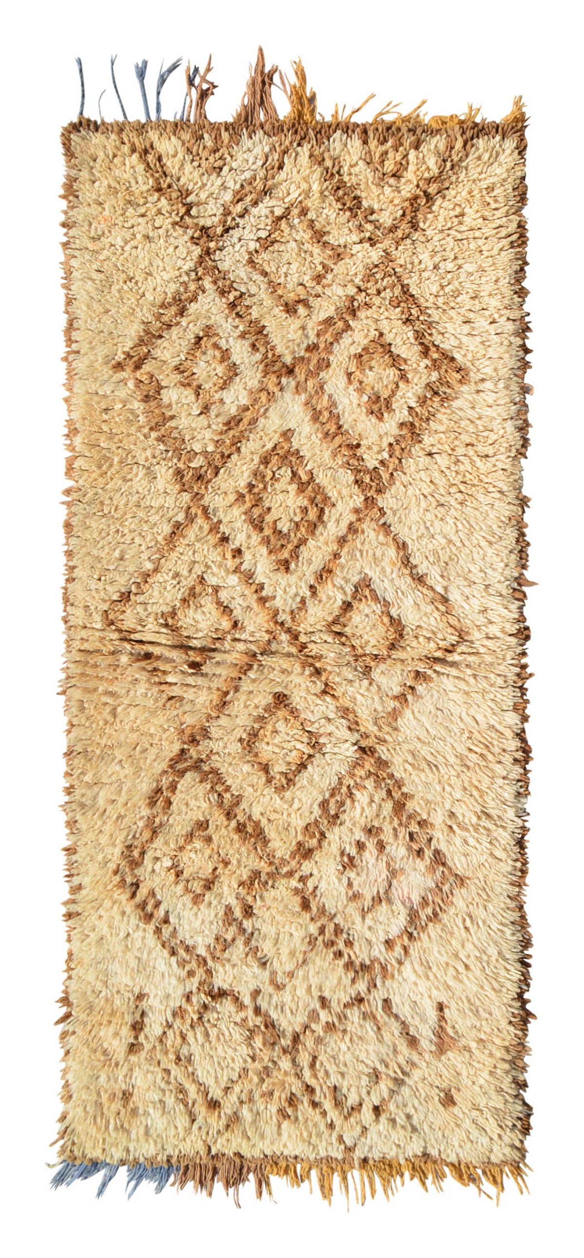 Overhead view of a very soft, deeply plush handmade 1970s vintage Beni Ourain Moroccan wool accent rug named Dove (2'6" x 5'10") featuring a soft cream and light tan base covered in a warm, earthy brown geometric nested diamond lattice, with a 1-inch pile.