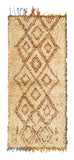 Overhead view of a very soft, deeply plush handmade 1970s vintage Beni Ourain Moroccan wool accent rug named Dove (2'6" x 5'10") featuring a soft cream and light tan base covered in a warm, earthy brown geometric nested diamond lattice, with a 1-inch pile.