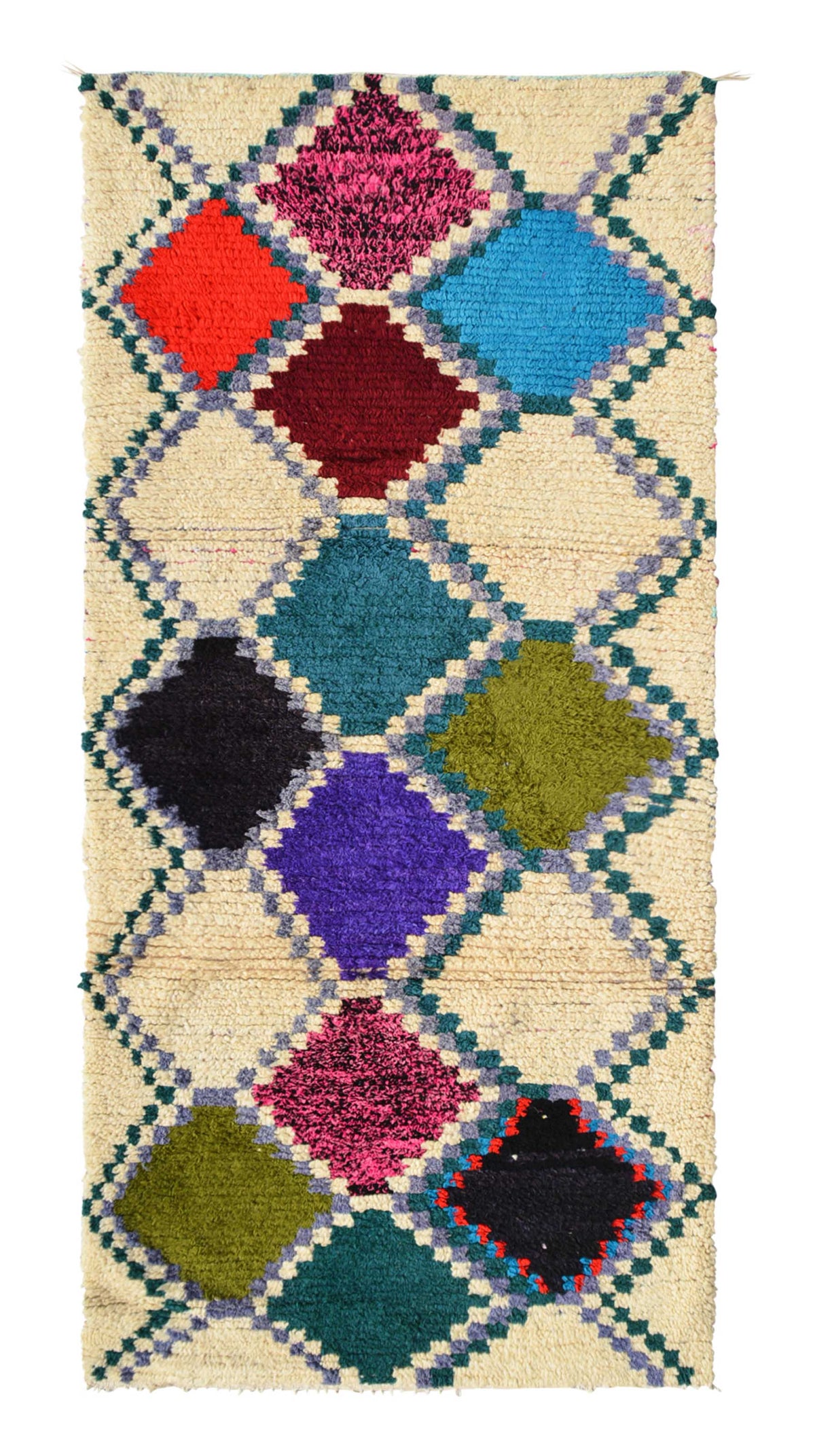 Overhead view of a deeply plush, highly vibrant handmade 1960s vintage Azilal Moroccan wool and cotton runner rug named Something to Know (2'11" x 6'7") featuring a cream base with a dotted lattice pattern filled with solid diamond color blocks in pink, red, blue, green, purple, and black, with a 3/4-inch pile.