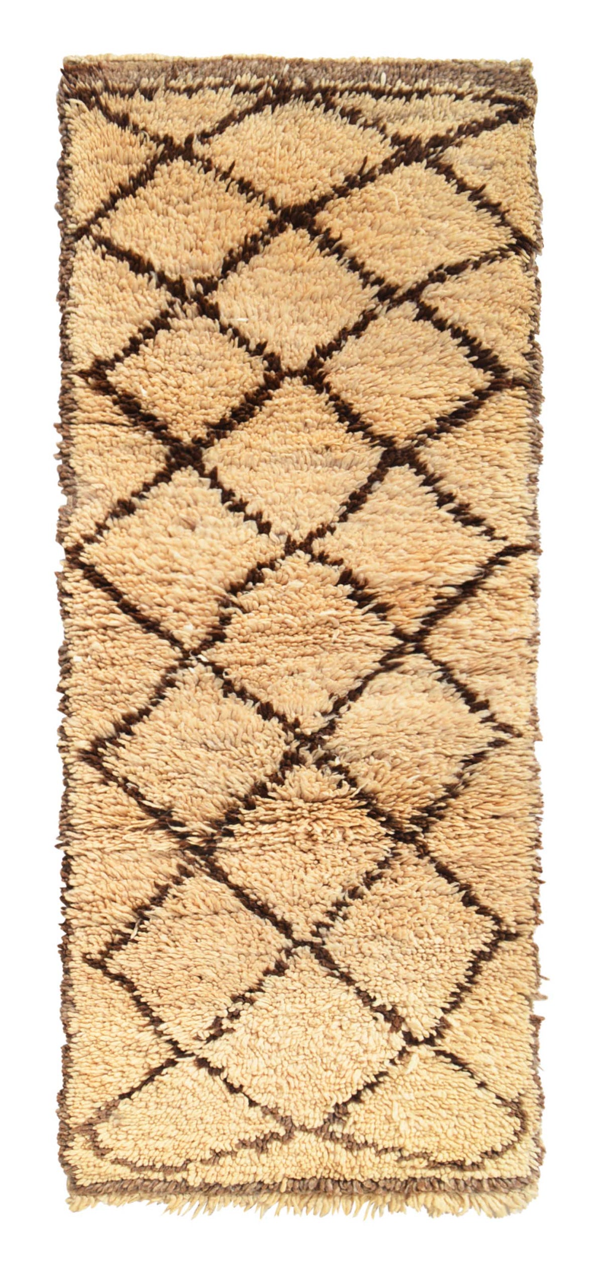 Overhead view of a deeply plush, classic handmade 1970s vintage Beni Ourain Moroccan wool runner rug named Good Feeling (2'7" x 6'8") featuring a thick cream base covered in a structured, repeating geometric diamond lattice woven in earthy brown yarn, with a 1-inch pile.