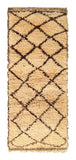 Overhead view of a deeply plush, classic handmade 1970s vintage Beni Ourain Moroccan wool runner rug named Good Feeling (2'7" x 6'8") featuring a thick cream base covered in a structured, repeating geometric diamond lattice woven in earthy brown yarn, with a 1-inch pile.