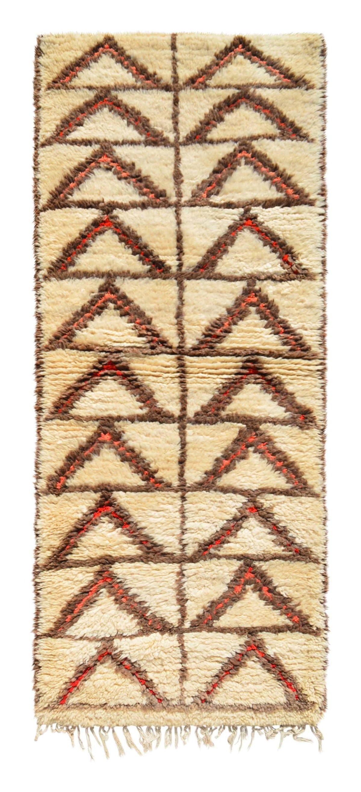 Overhead view of a deeply plush, highly structured handmade 1960s vintage Azilal Moroccan wool and cotton runner rug named Up High (2'9" x 7') featuring a cream base with a central brown line dividing columns of stacked, upward-pointing brown triangles with subtle neon orange inner accents, with a 3/4-inch pile.