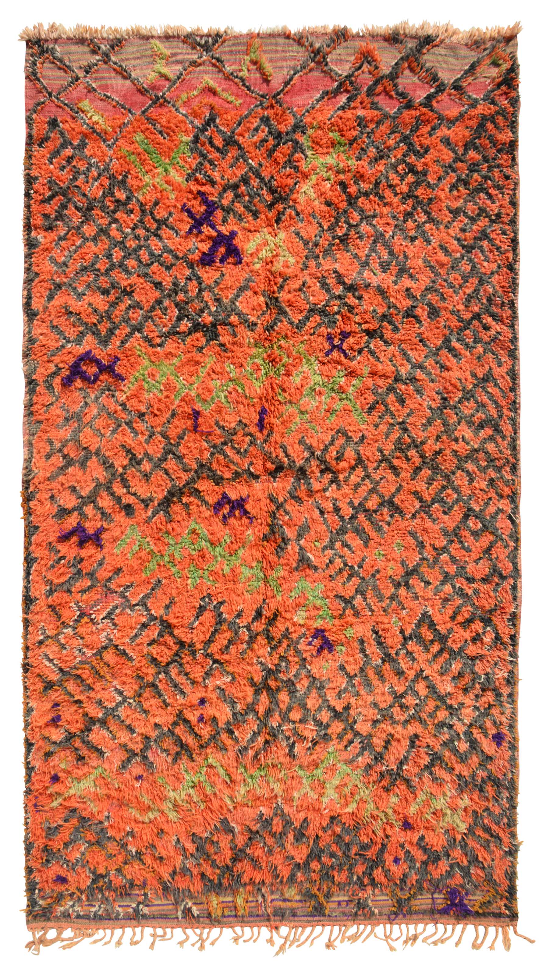 Overhead view of a massive, room-sized handmade 1960s vintage Boujad Moroccan wool area rug named Wild Ride (6'2" x 12') featuring an intense bright orange base covered in a chaotic, frantic dark charcoal geometric lattice, accented with free-floating neon green and purple tribal motifs, with a 3/4-inch pile.