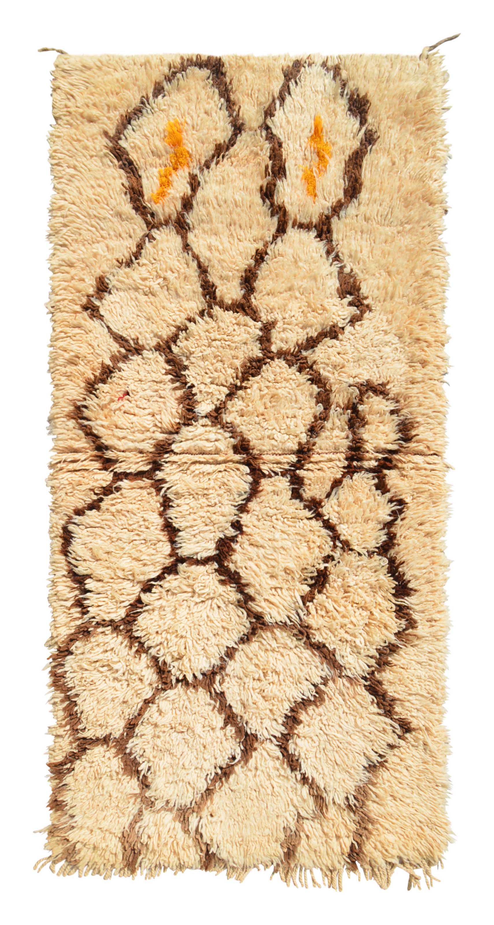 Overhead view of a deeply plush, highly textured handmade 1980s vintage Beni Ourain Moroccan wool and cotton accent rug named Basic Goodness (2'8" x 5'2") featuring a cream base covered in a wandering, organic brown geometric diamond lattice with two tiny pops of bright orange yarn at the top, and a thick 1.5-inch pile.
