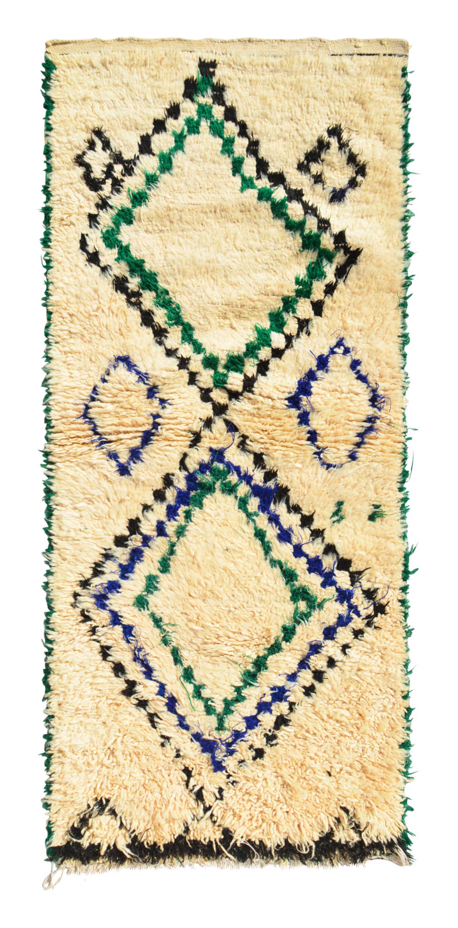Overhead view of a deeply plush, refreshing handmade 1960s vintage Azilal Moroccan wool and cotton accent rug named Waters (2'4" x 5'4") featuring a thick cream base with two large, stepped geometric diamonds woven in cool ocean blue, sea green, and black, with green side fringes and a 3/4-inch pile.