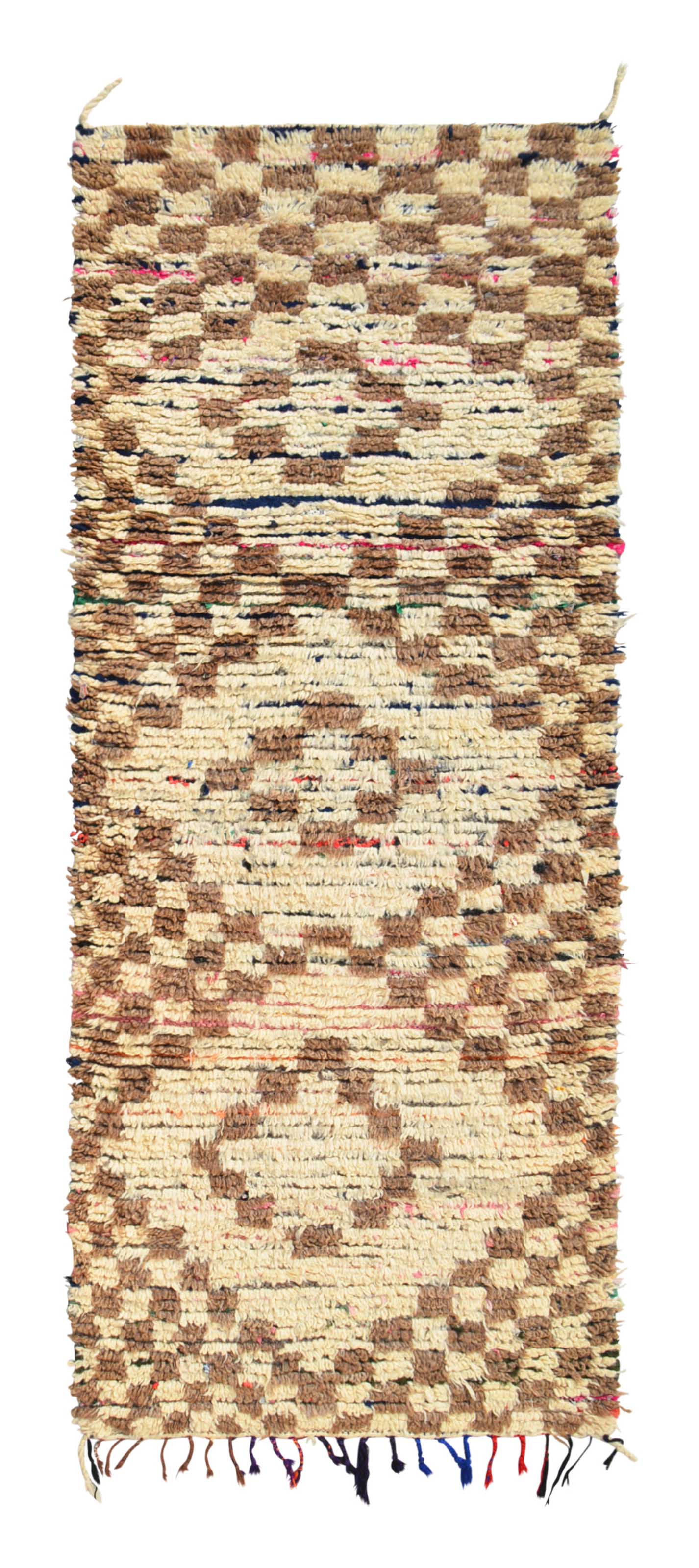 Overhead view of a captivating handmade vintage Beni Ourain Moroccan wool runner rug named Underneath (3'2" x 7'8") featuring a cream base with a stepped, checkerboard diamond pattern in earthy brown, with dark foundation lines and tiny pops of neon color showing through, with a 3/4-inch pile.