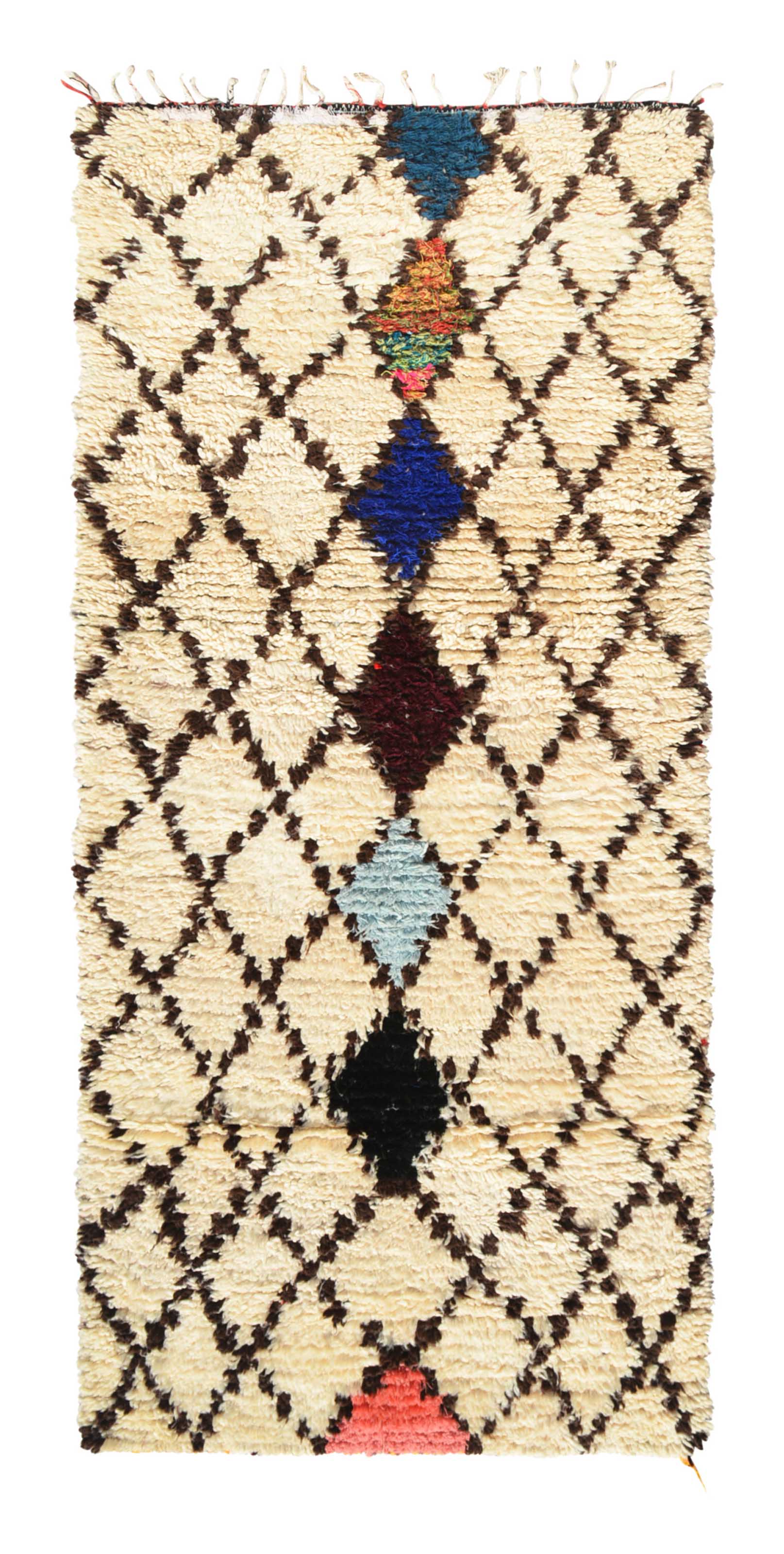 Overhead view of a deeply plush, beautifully balanced handmade 1970s vintage Beni Ourain Moroccan wool and cotton rug named Straight and Narrow (3'8" x 8'2") featuring a thick cream base covered in a dark brown geometric diamond lattice, with the central column of diamonds solidly filled with teal, orange, blue, burgundy, light blue, black, and pink yarn, with a 3/4-inch pile.