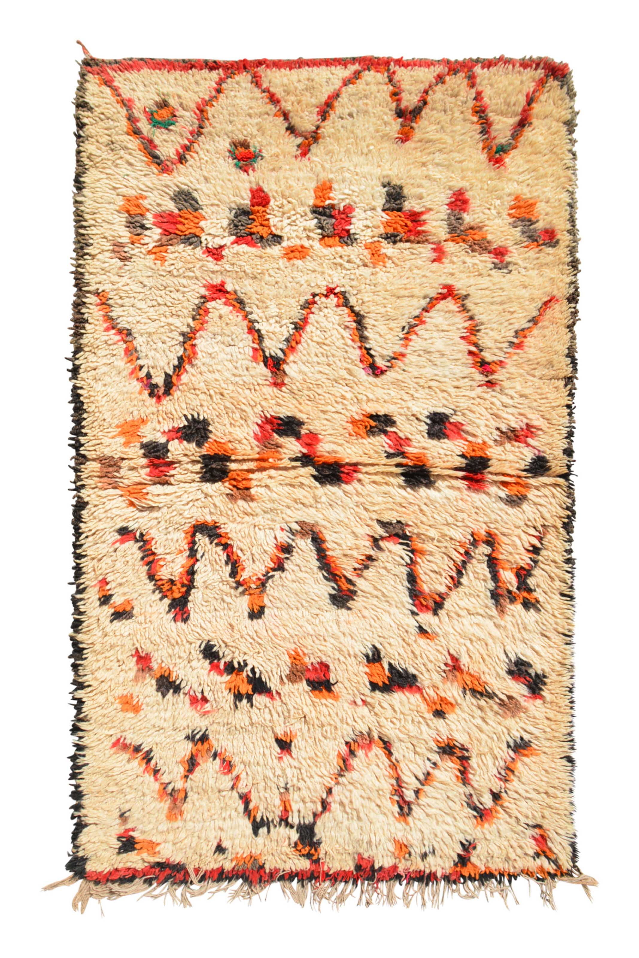 Overhead view of a deeply plush, cheerfully bright handmade 1970s vintage Moroccan wool accent rug named Miami (3' x 5'2") featuring a thick cream base covered in alternating horizontal bands of zig-zags and dashed tribal blocks woven in vibrant orange, red, and charcoal, with a 1-inch pile.