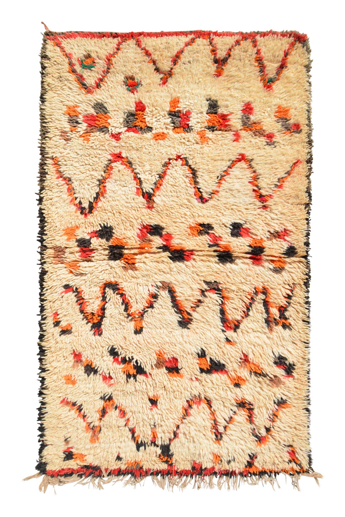 Overhead view of a deeply plush, cheerfully bright handmade 1970s vintage Moroccan wool accent rug named Miami (3' x 5'2") featuring a thick cream base covered in alternating horizontal bands of zig-zags and dashed tribal blocks woven in vibrant orange, red, and charcoal, with a 1-inch pile.