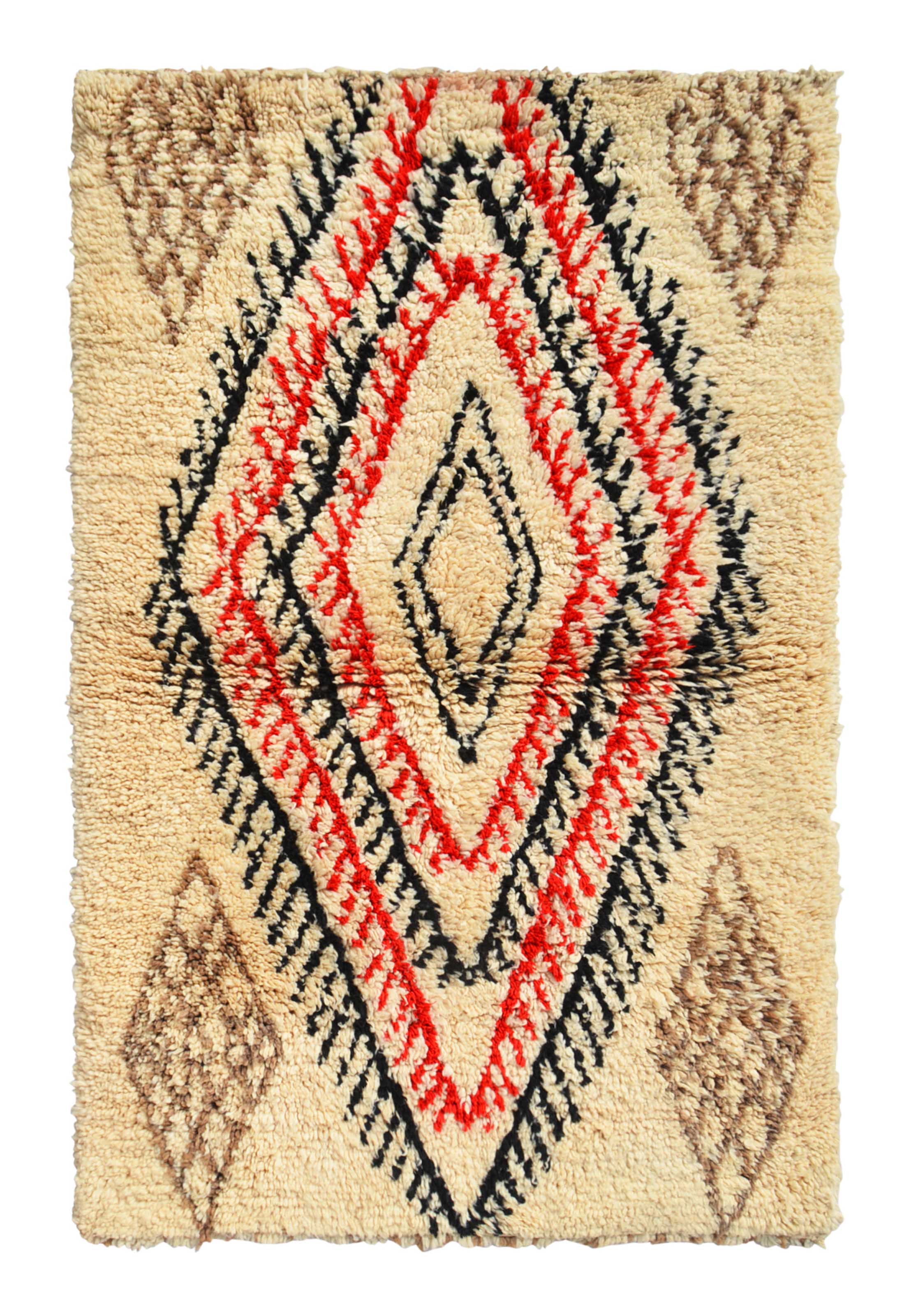 Overhead view of a deeply plush, room-commanding handmade vintage Beni Ourain Moroccan wool area rug named Purposeful (3'10" x 6') featuring a thick cream base dominated by a massive, concentric geometric diamond medallion woven with jagged black and red lines, anchored by muted brown corner motifs, with a 1-inch pile.